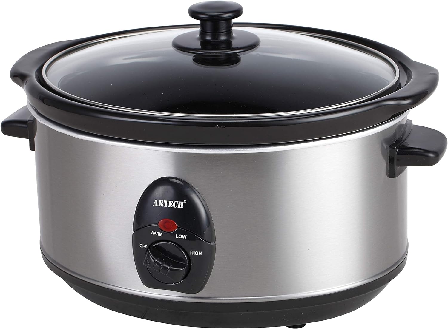 ARTECH Stainless Steel Slow Cooker with 3 Heat Settings - 3.5 Litres, 200W, Ceramic Bowl, Dishwasher Safe Bowl & Lid, Cool-Touch Handles, Easy Clean, Transparent and Toughened Glass Lid.