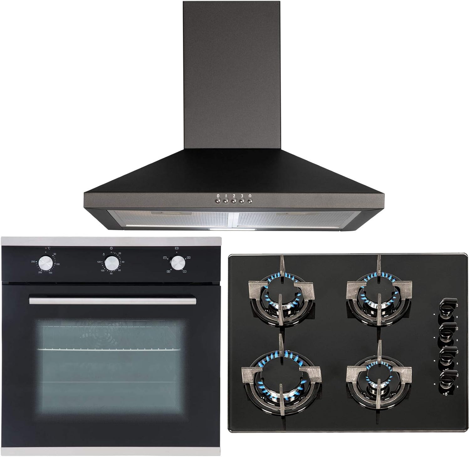 SIA 60cm Black Electric Single True Fan Oven, 4 Burner Gas Hob And Cooker Hood.