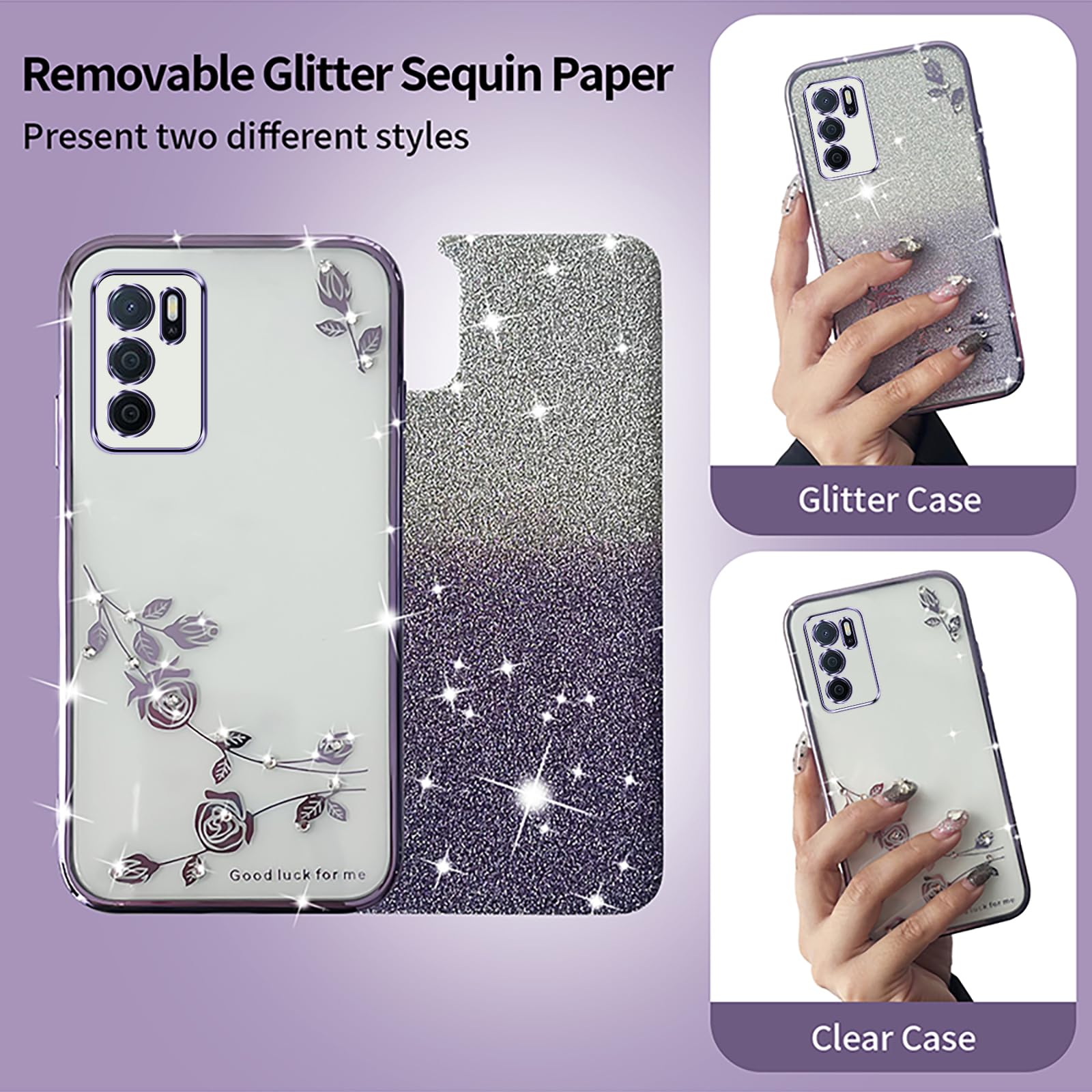 XINYEXIN Transparent Glitter Case for Oppo A16 / Oppo A16s / Oppo A54s, Women Girls Bling Diamond Phone Case Ultra Thin Slim Portable Shockproof Protective Cover - Purple.