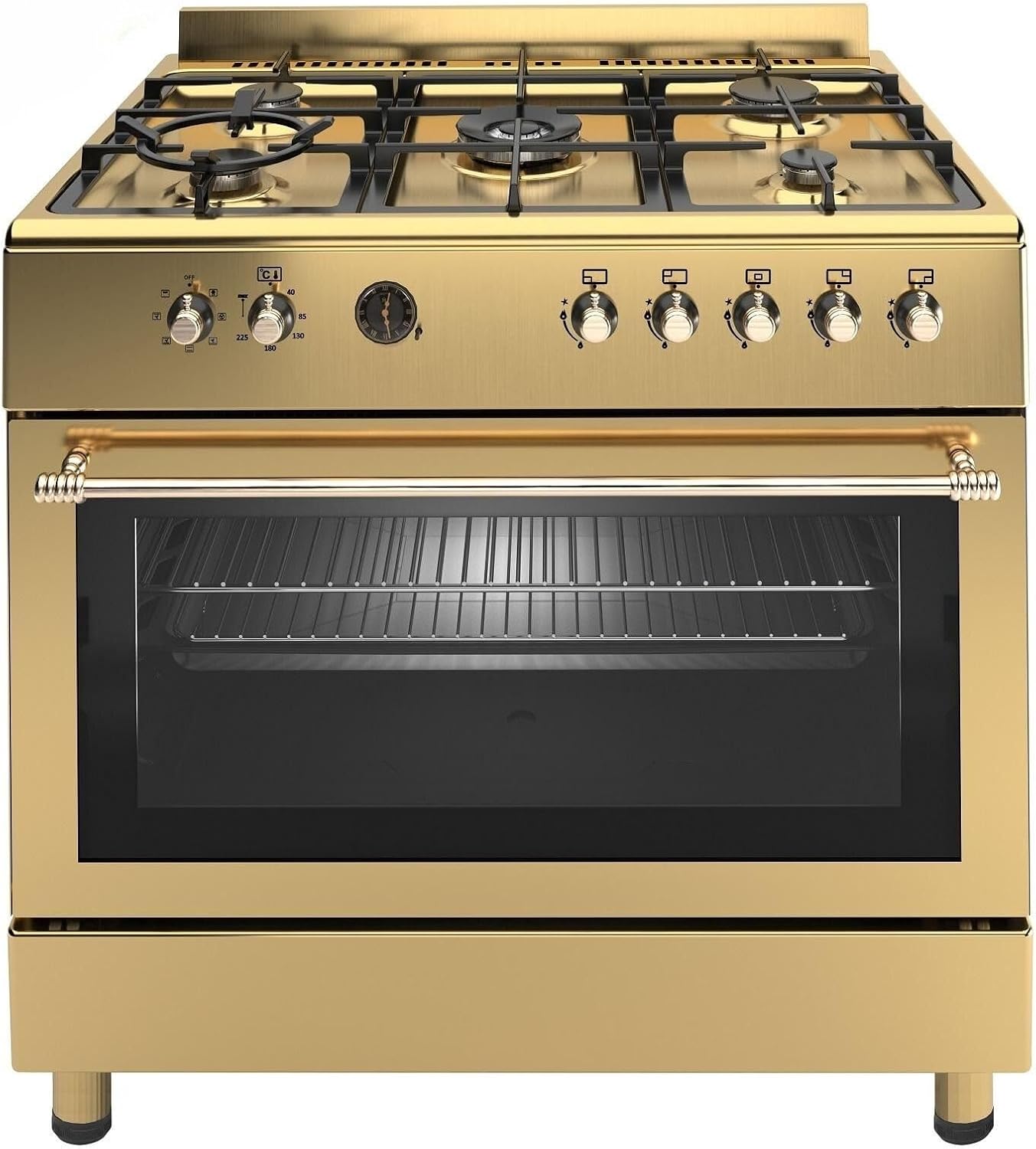 Ferre F9S50E7-GI-RETRO 90cm Dual Fuel Range Cooker With Double Turbo Fan & Wok Burner - Gold.