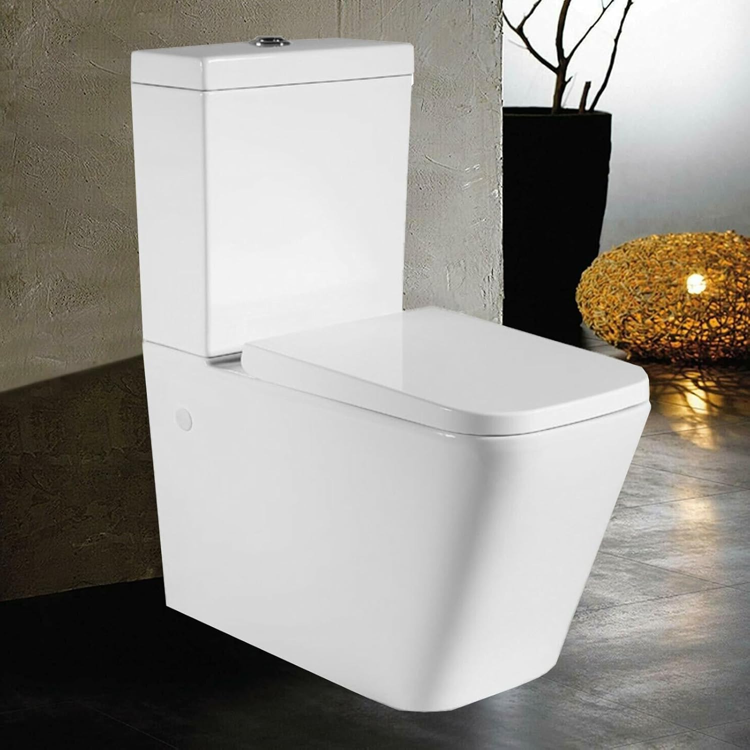 Rimless Back to Wall Toilet Close Coupled Toilet Bathroom WC White Ceramic Pan & Dual Flush Cistern Soft Close Seat Modern Square WC Comfort Height Flush to Wall Toilets.