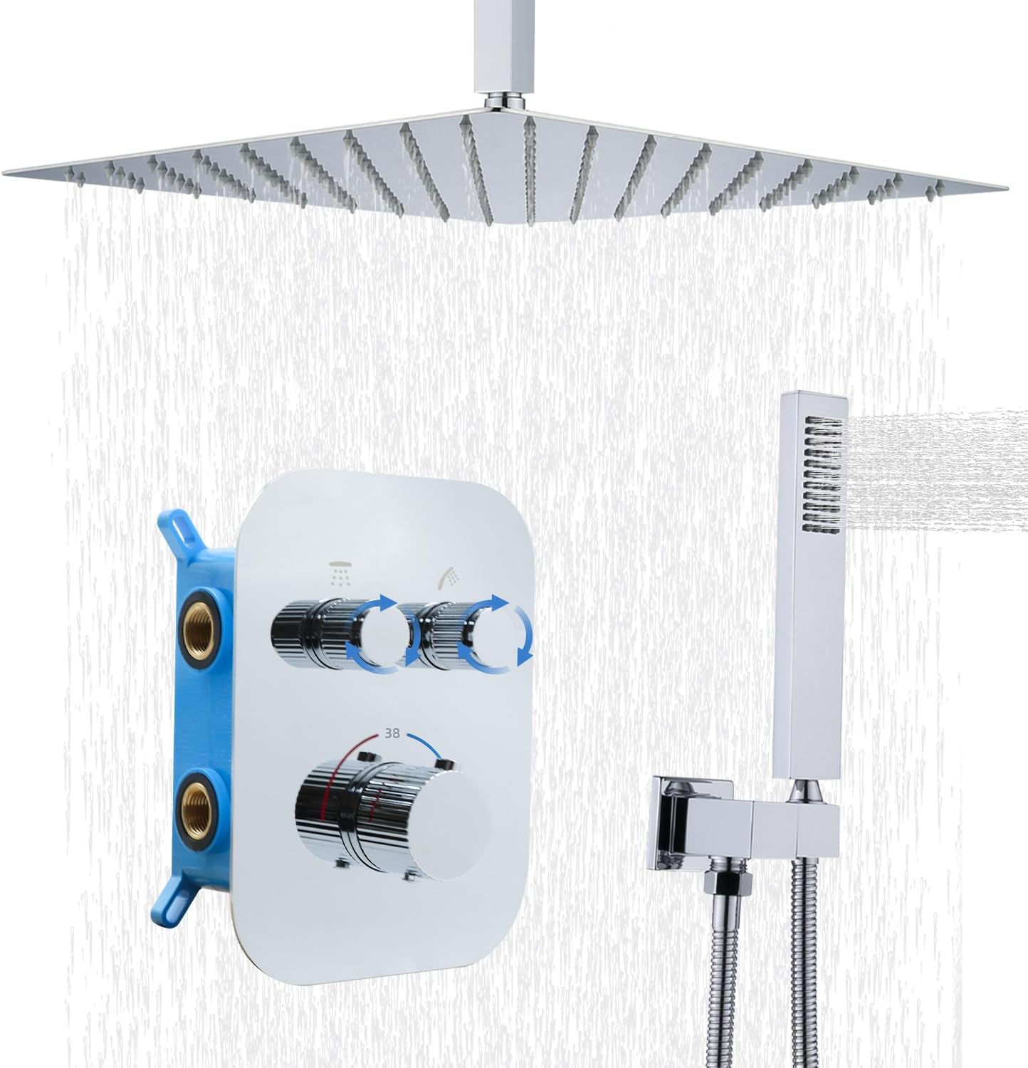 Delnet Upgraded Thermostatic Shower Mixer Set, 16 Inch Ceiling Mounted Rain Shower System Combo, Can Use 2 Functions at A Time, Chrome.