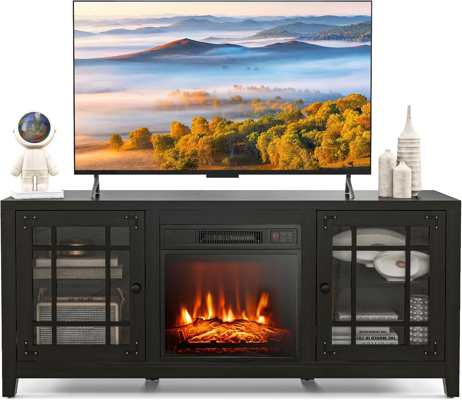 GiantexUK Electric Fireplace Insert TV Stand, Double Glass Door Living Room Console Entertainment Center with 19'' Electric Fire, Overheat Protection & Remote Control for 65'' TV, 1800-2000W (Black).