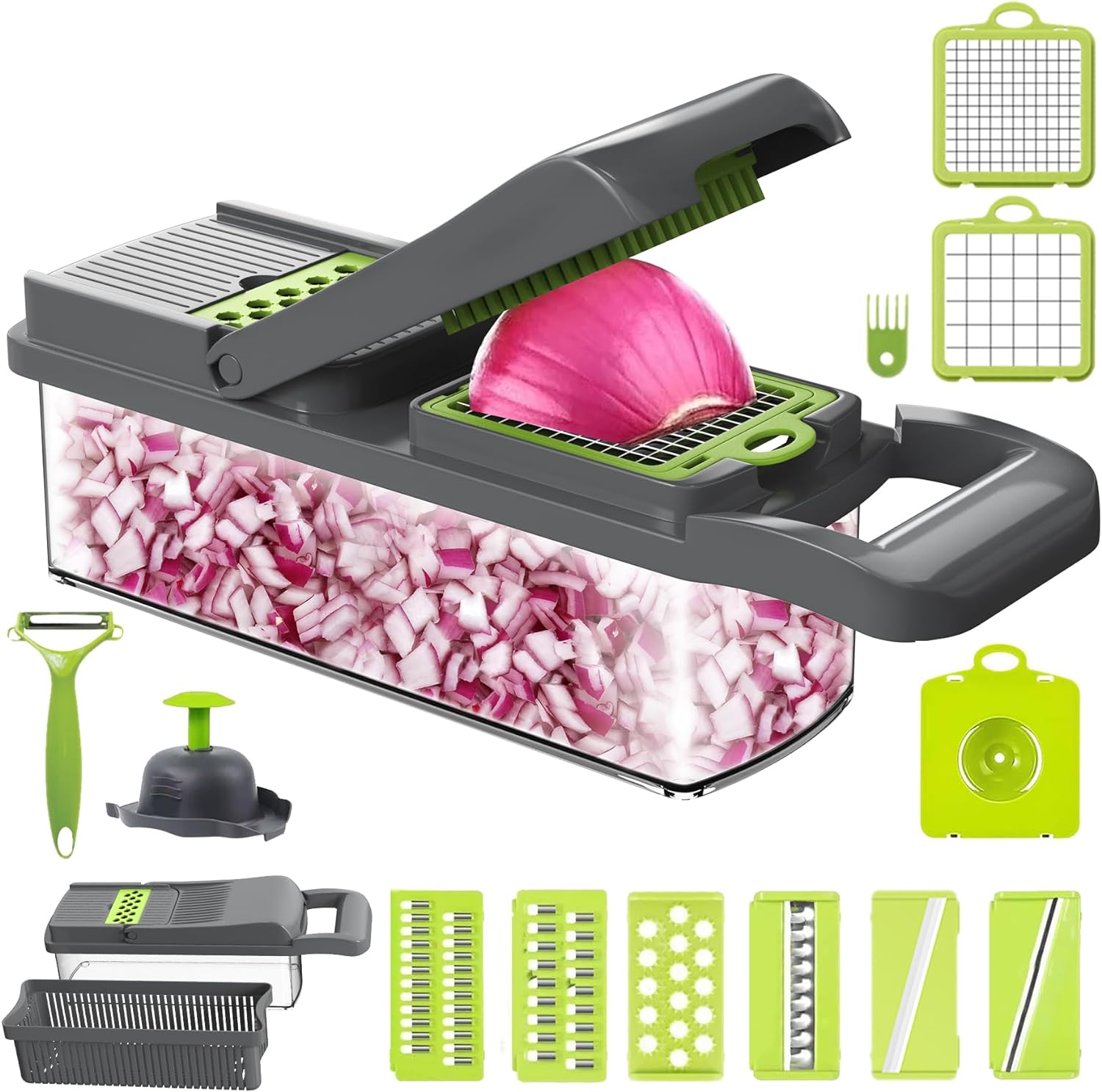 Housiwill Vegetable Chopper, 15-in-1 Multifunctional Kitchen Mandoline Vegetable Slicer, Onion Chopper with Container, Veg Chopper with 8 Interchangeable Blades, for Vegetables, Fruits, Onion, Garlic.