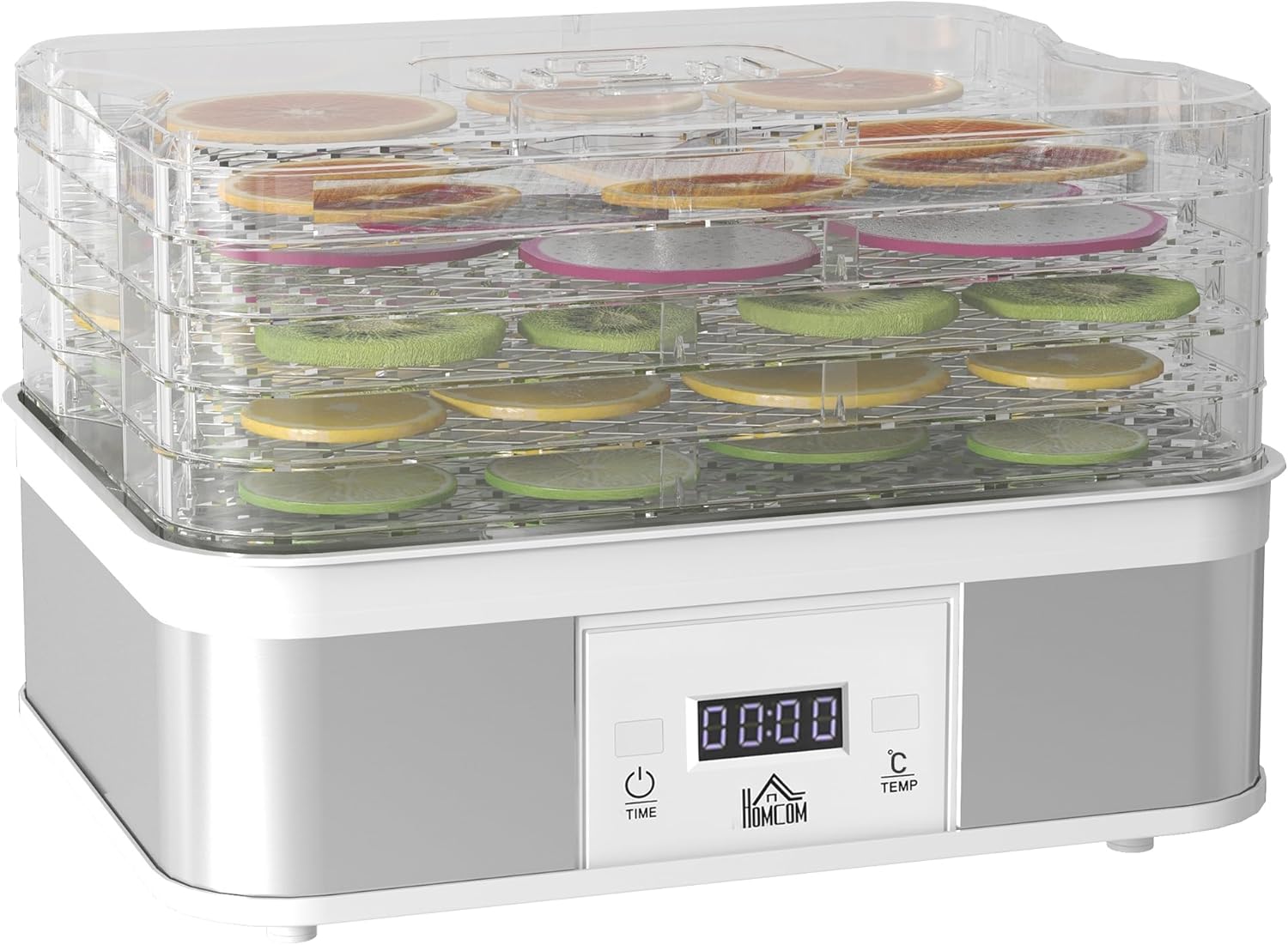 HOMCOM 5 Tier Food Dehydrator, 245W Stainless Steel Food Dryer Machine with Adjustable Temperature, Timer and LCD Display for Drying Fruit, Meat, Vegetable, Jerky and Pet Treat, White.