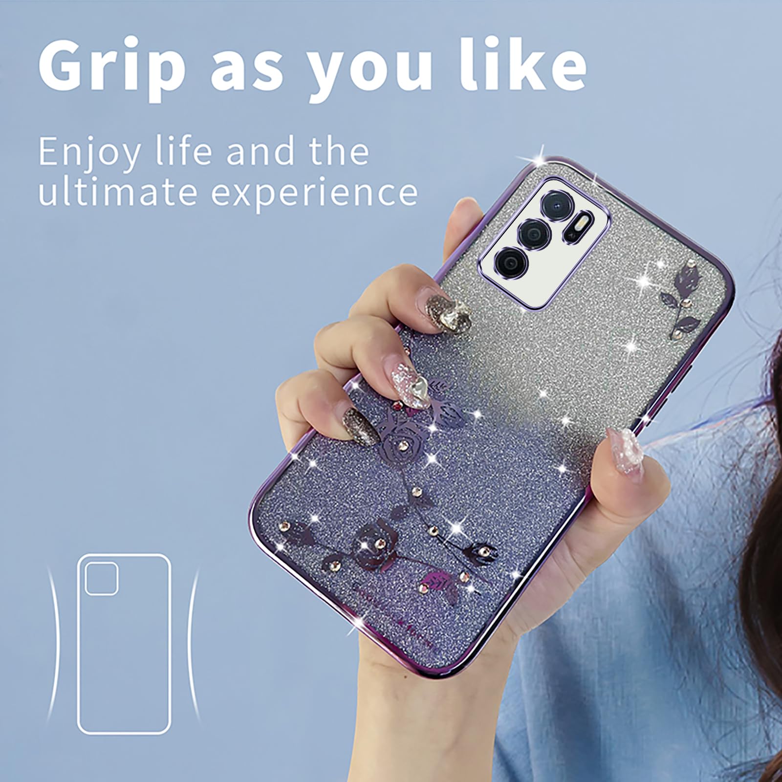 XINYEXIN Transparent Glitter Case for Oppo A16 / Oppo A16s / Oppo A54s, Women Girls Bling Diamond Phone Case Ultra Thin Slim Portable Shockproof Protective Cover - Purple.