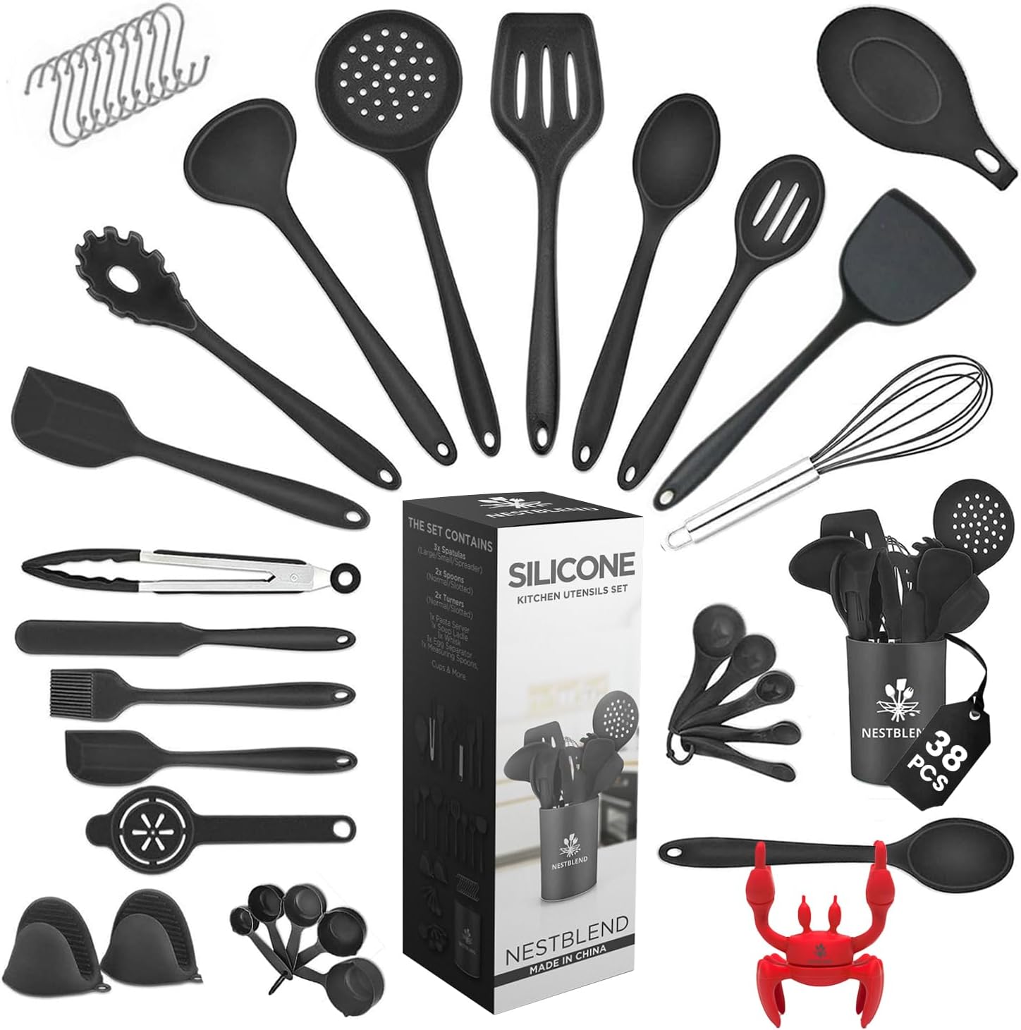 Nestblend Nonstick Kitchen Utensils Set - Silicone Kitchen Cookware Gadgets with Holder - Spoon Holder - Heat Resistant - Dishwasher Safe - BPA Free - 38 Pieces (Black).