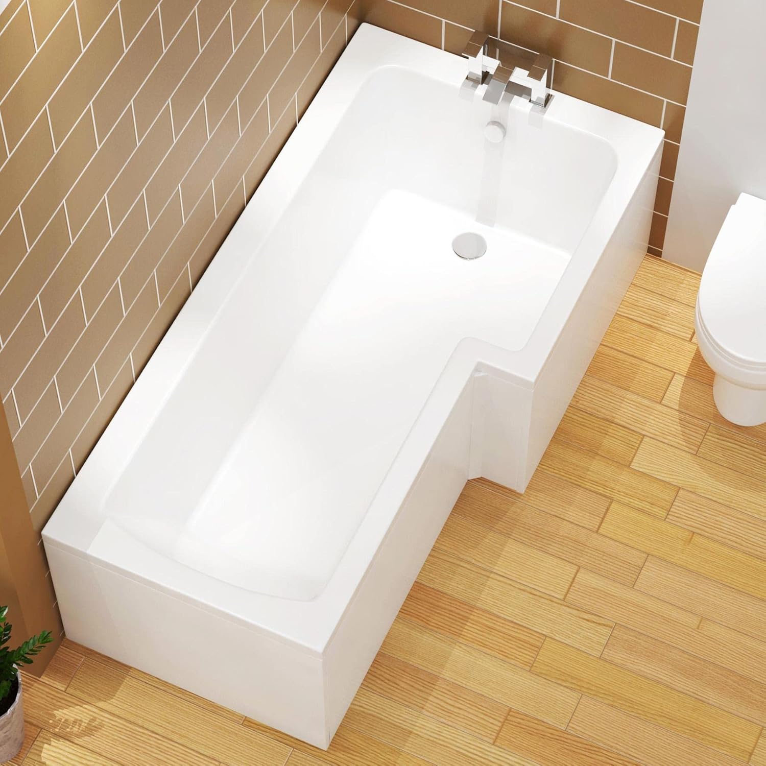 Qubix 1700 x 850mm Right Hand L-Shaped Shower Bath Bathtub with MDF Front Panel.