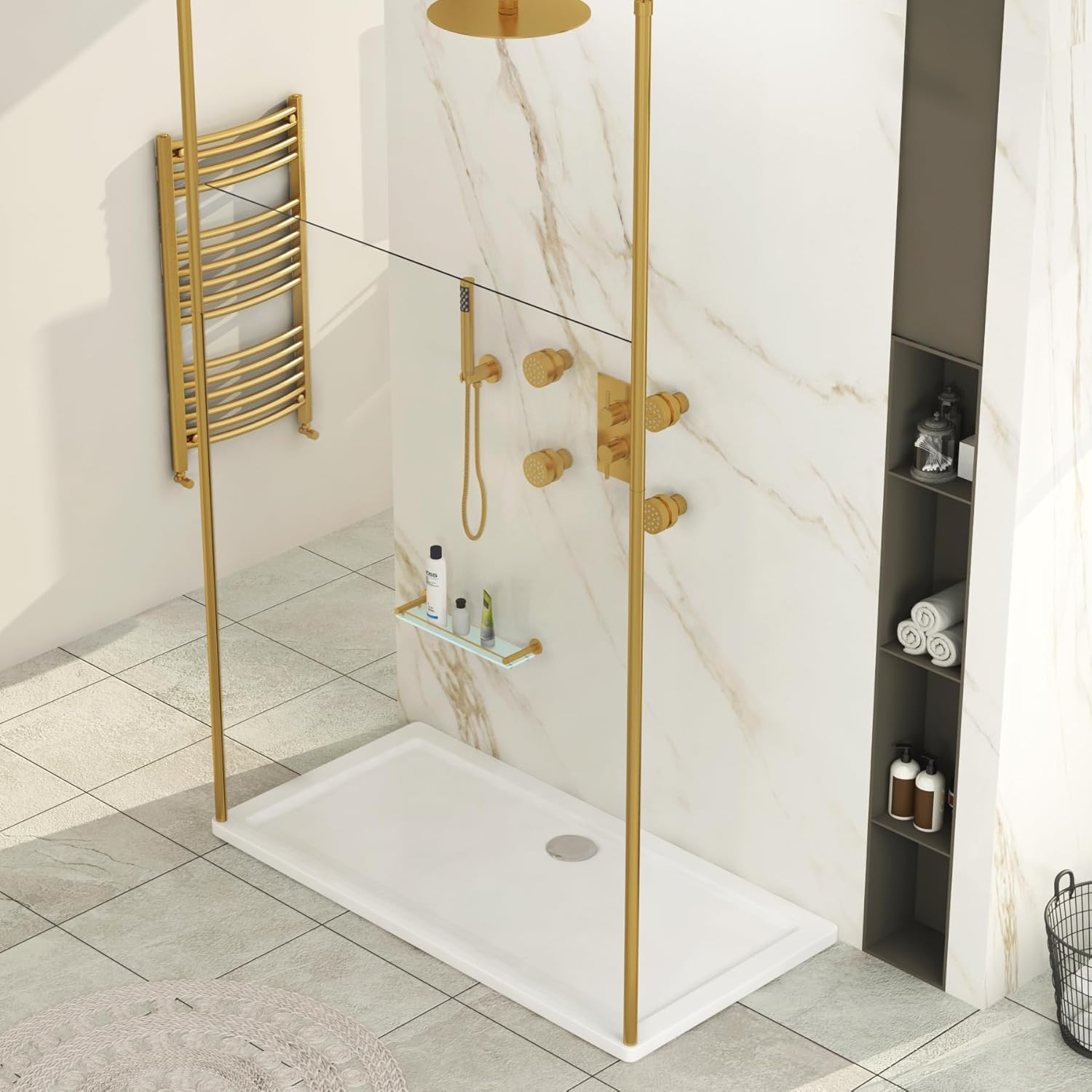 Marbella 1100mm Walk Through Wet Room Shower Screen with 2 Brushed Brass Ceiling Post.