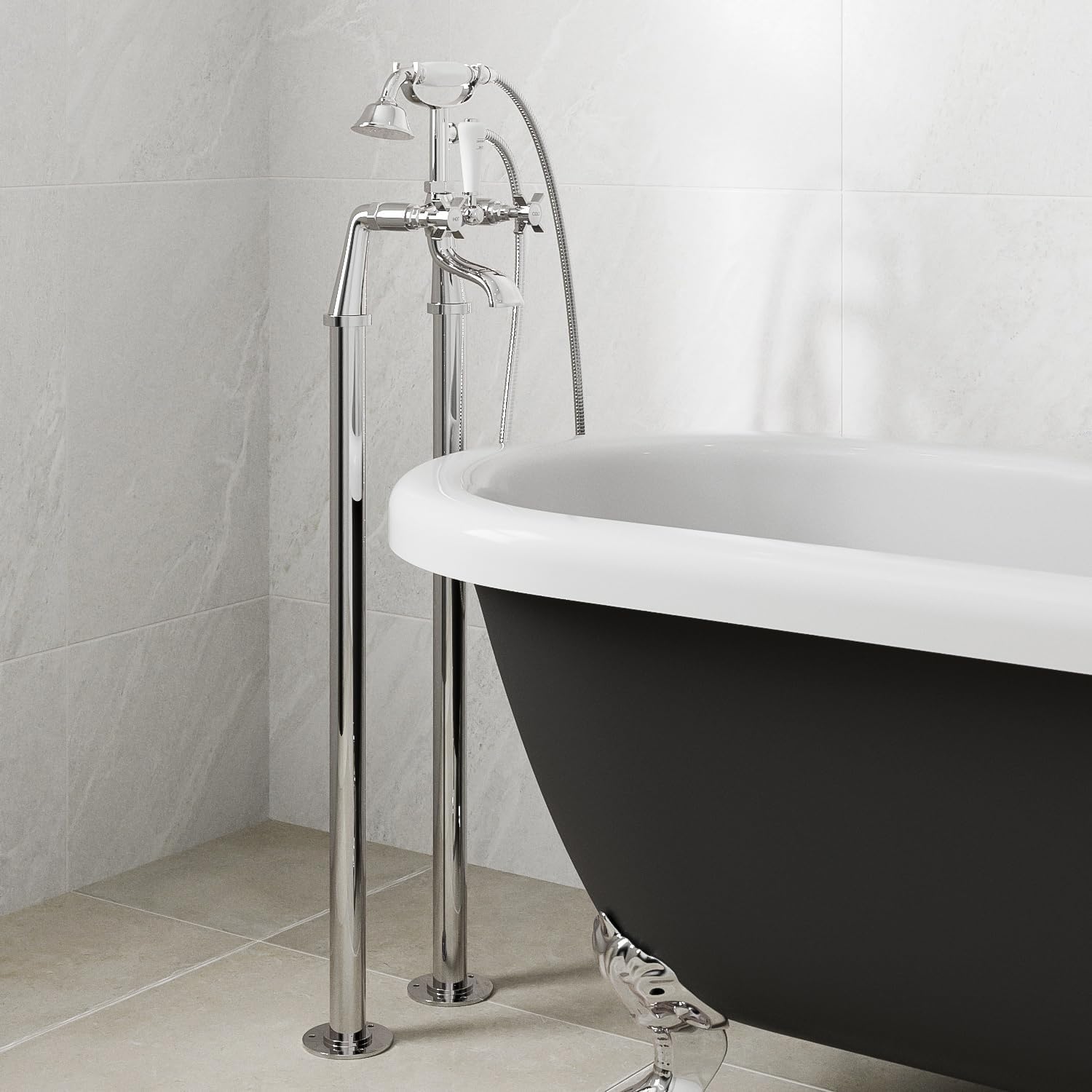 Traditional Bathroom Shower/Bath Mixer Tap in Chrome and Ceramic Handset and Hose Included.