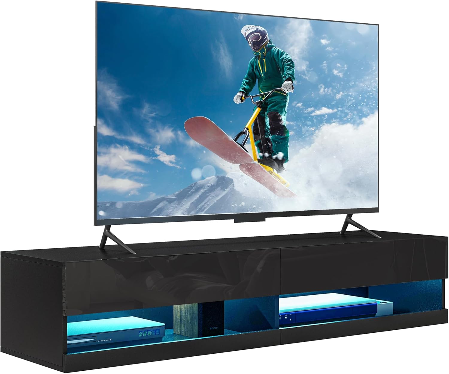 HOMCOM Floating TV Unit Wall Mounted TV Cabinet, High Gloss Media Wall Unit with LED Lights, Storages Shelves for Living Entertainment Room, Black.