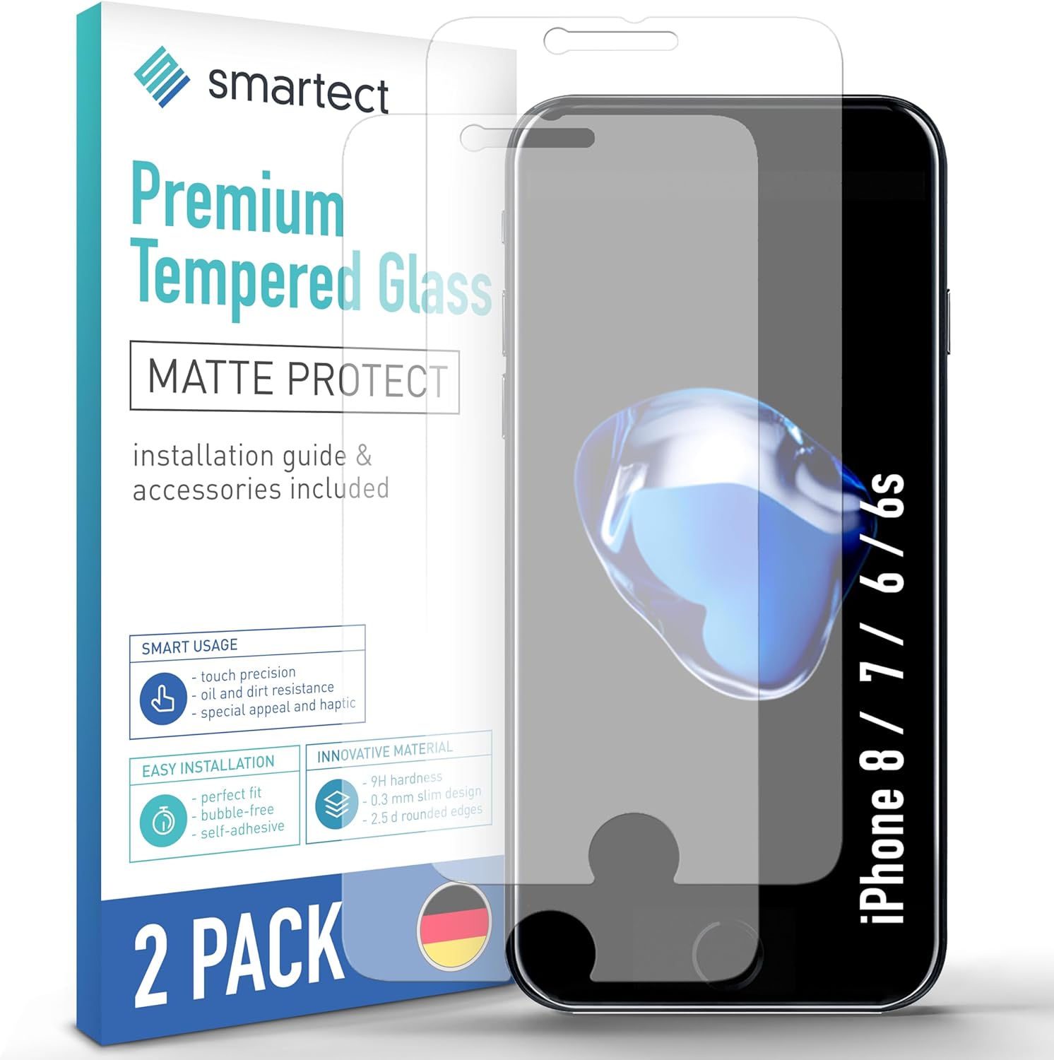 smartect Glass Screen Protector [2 Pieces, Matte] for Apple iPhone 8 / iPhone 7 / iPhone 6 / 6s, Anti Glare Protective Film Anti Scratch, Bubble Free, 9H Hardness, Ultra Resistant.