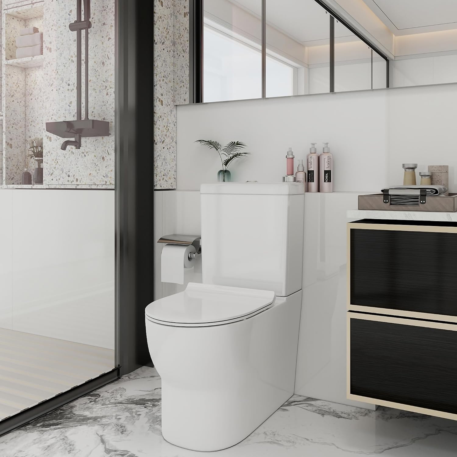 Robanmoa Close Coupled Toilet WC Back to Wall Comfort Height Toilets for Bathrooms Cloakroom, White Ceramic Toilet Pan & Dual Flush Cistern Soft Close Seat Oval Compact Toilet.