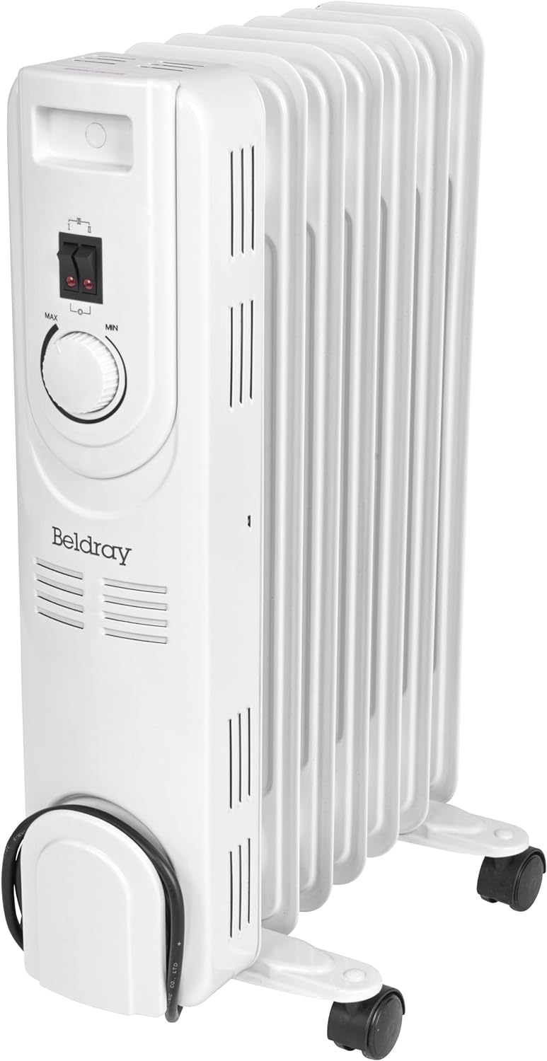 Beldray EH3748 7 Fin Radiator - Oil-Filled Electric Heater, 360° Wheels, Thermal Cut-Out Overheat Protection, Adjustable Thermostat, Portable Home Heater, Carry Handles, Cord Storage, 600/900/1200W.