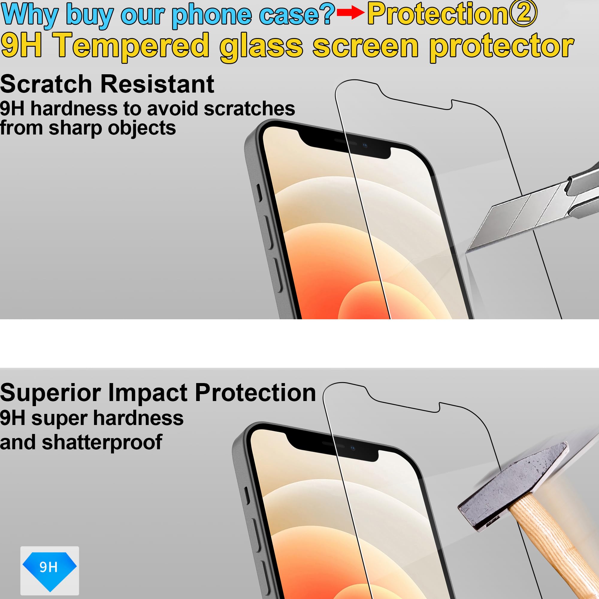 4youquality Case for iPhone 12 and iPhone 12 Pro with [2-Pack Tempered Glass Screen Protector], 6.1-Inch, Airbag Drop Protection, Shockproof Transparent Clear Bumper Phone Cover, Anti-Scratch.