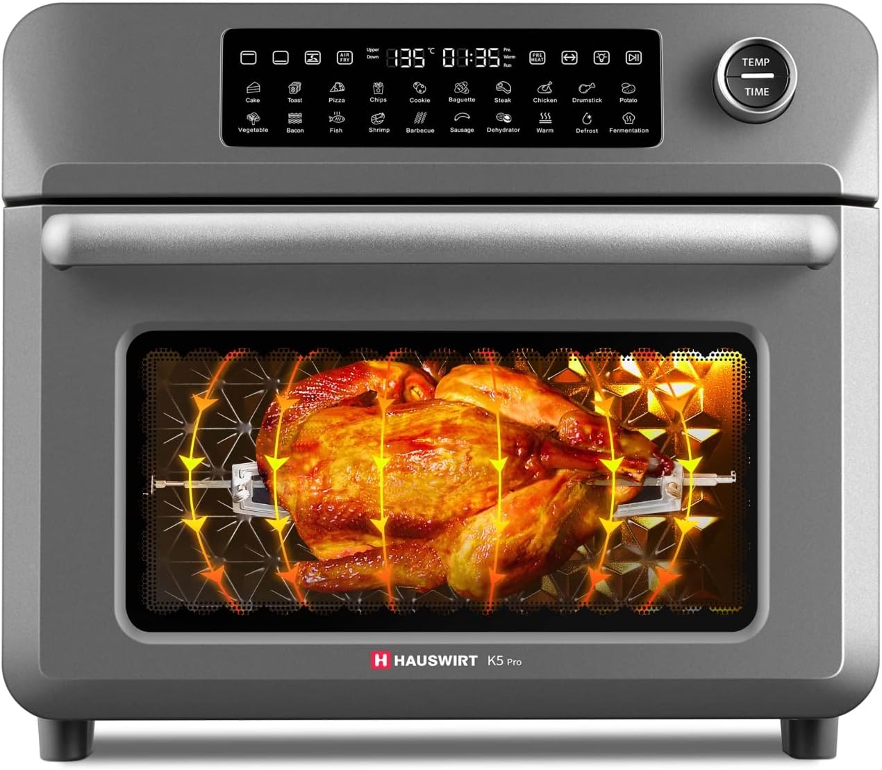 Hauswirt Air Fryer Oven 25 Litre Extra Large, Countertop Convection Oven with Grill/Airfryer/Dehydrator, Digital Touch Screen, Enamel liner, E-recipes & Accessories Included - Grey, K5 Pro.