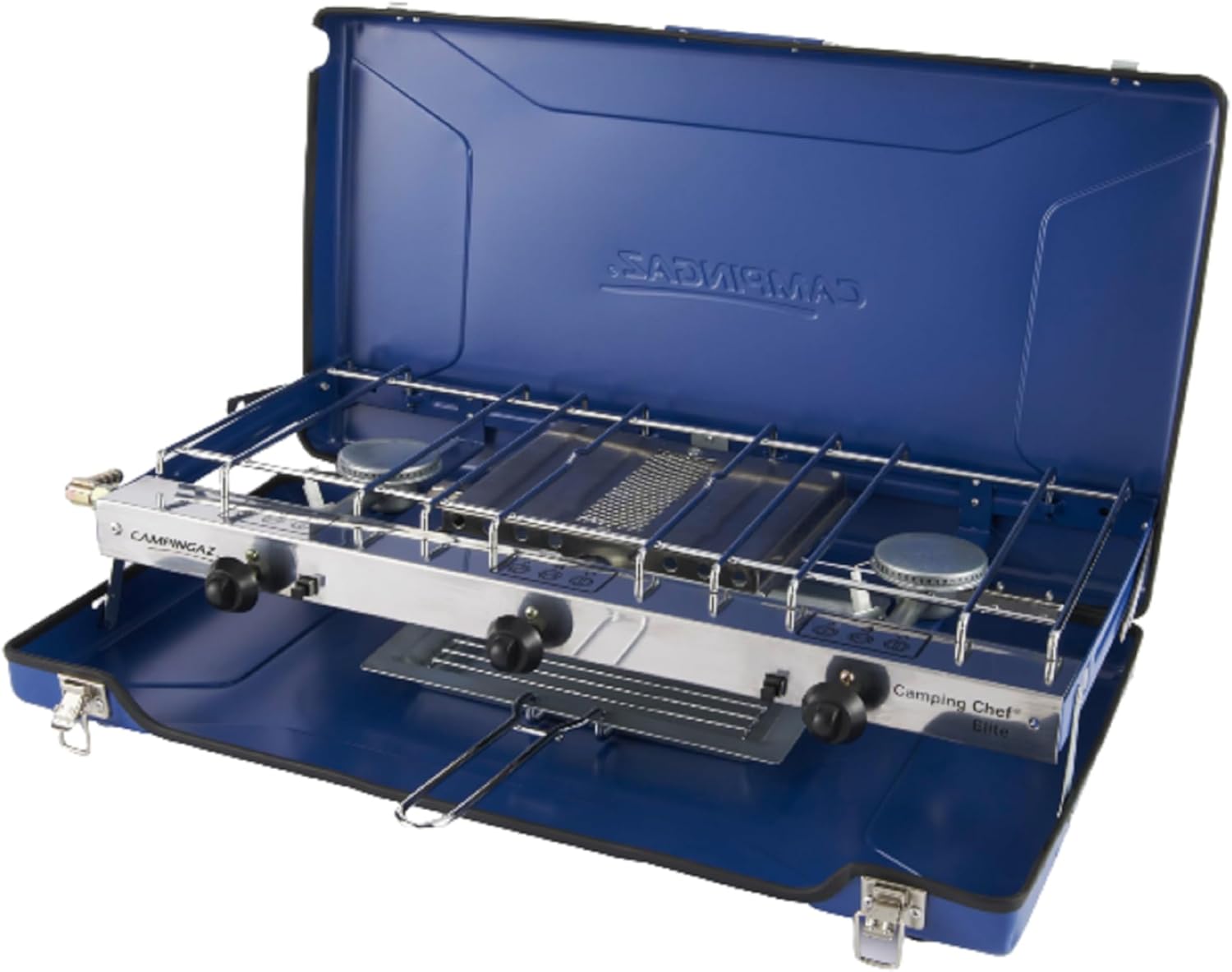 Campingaz Chef Folding Double Burner Stove and Grill, compact gas cooker for camping or festivals, Blue.