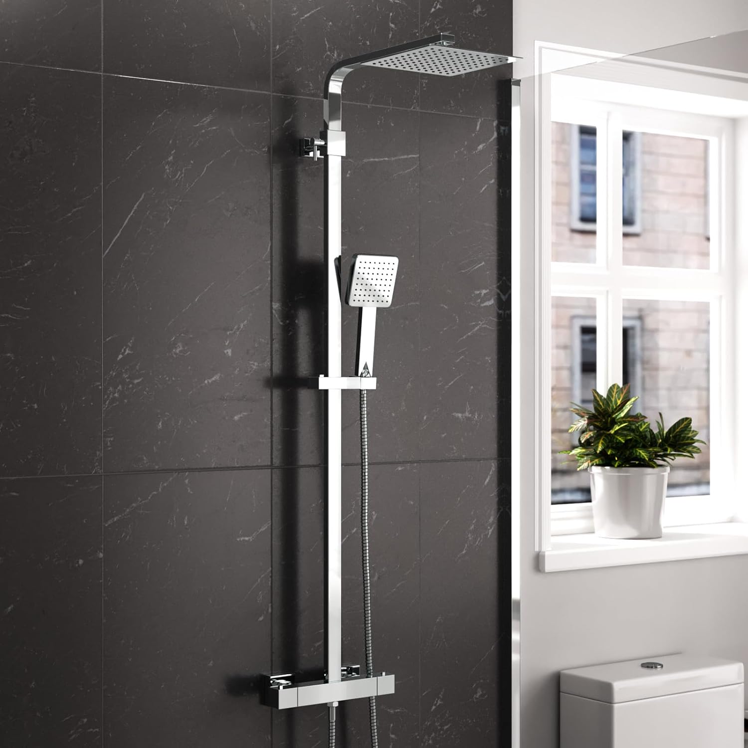 Nes Home | Swan Square Shower Head Thermostatic Exposed Bar Mixer Valve & Riser Rail Kit Handset.