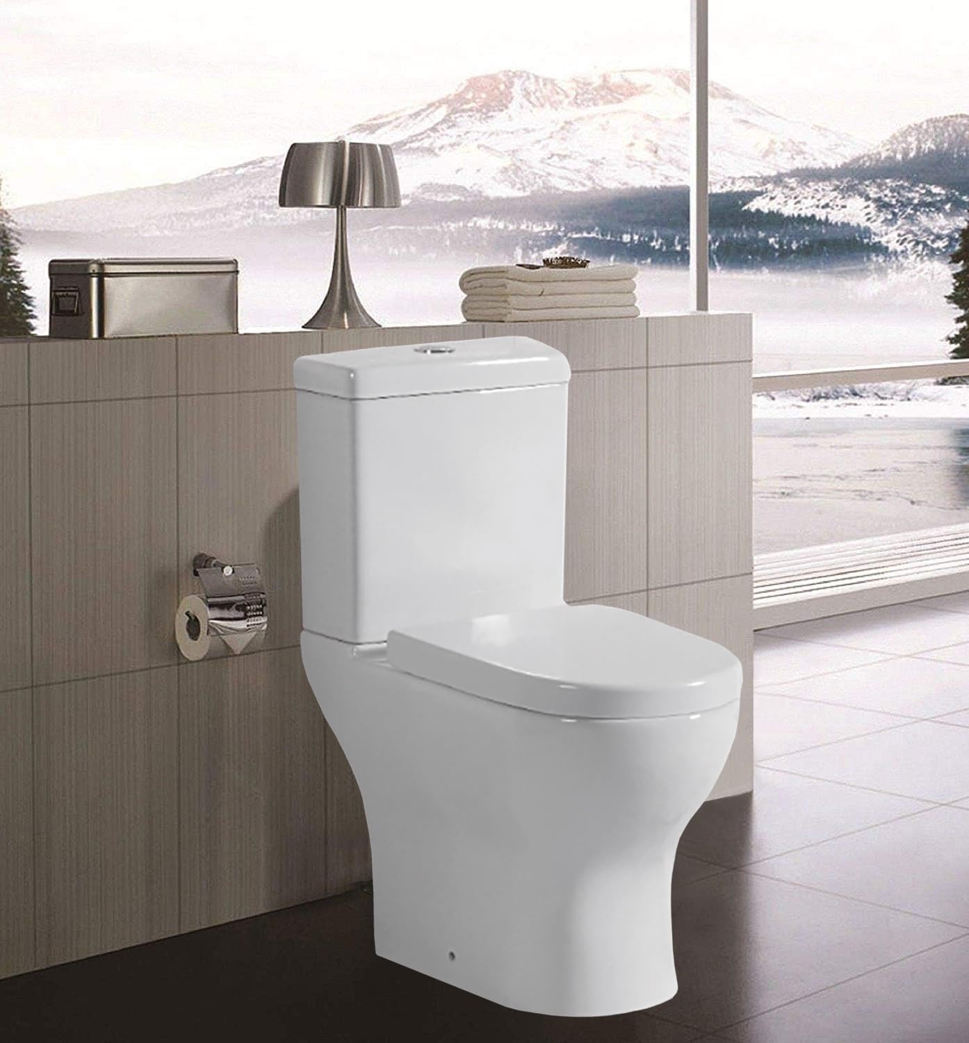 Close Coupled Toilet WC Back to Wall Comfort Height Toilets White Ceramic Pan Soft Close Seat Dual Flush Cistern Modern Round Compact Open Back Toilet for Bathrooms.