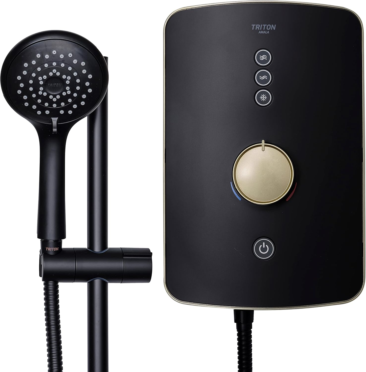 Triton Showers Amala Metallic | Shower Electric | 8.5 KW I Black I Brushed Brass I Electrical Showers | with Showerhead and Anti Twist Hose | Best Electric Shower Units for Bathrooms.