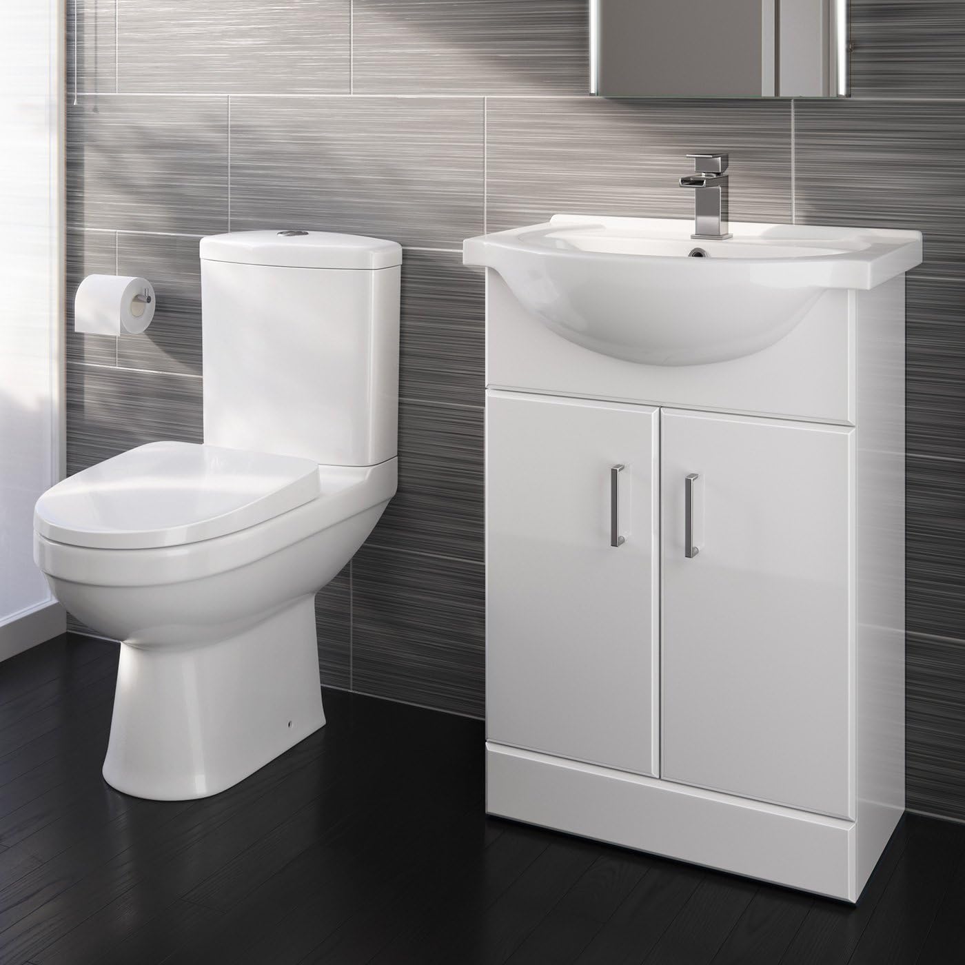 iBathUK Combination Vanity Unit Furniture Set, Wash Basin Bathroom Sink, Soft Close Toilet Seat, Push Button Flush, Closed Coupled Toilet Set-White (Flatpack).