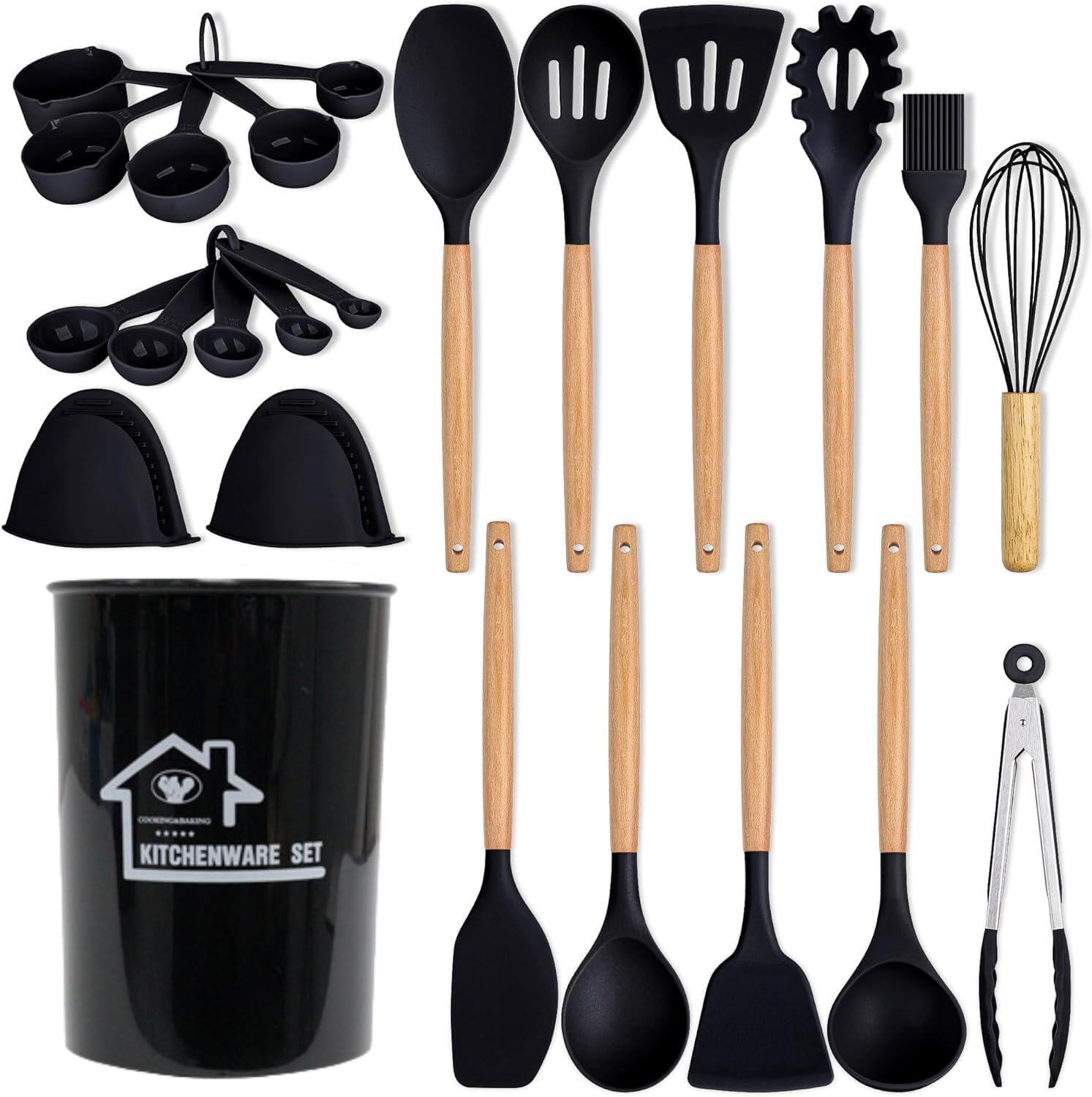 Kitchen Utensils Set, MEETOZ 24 pcs 446°F Heat Resistant Non-Stick Silicone Cooking Utensils Set with Wooden Handles and Holder, Kitchen Gadgets Utensil Set for Nonstick Cookware, Black.