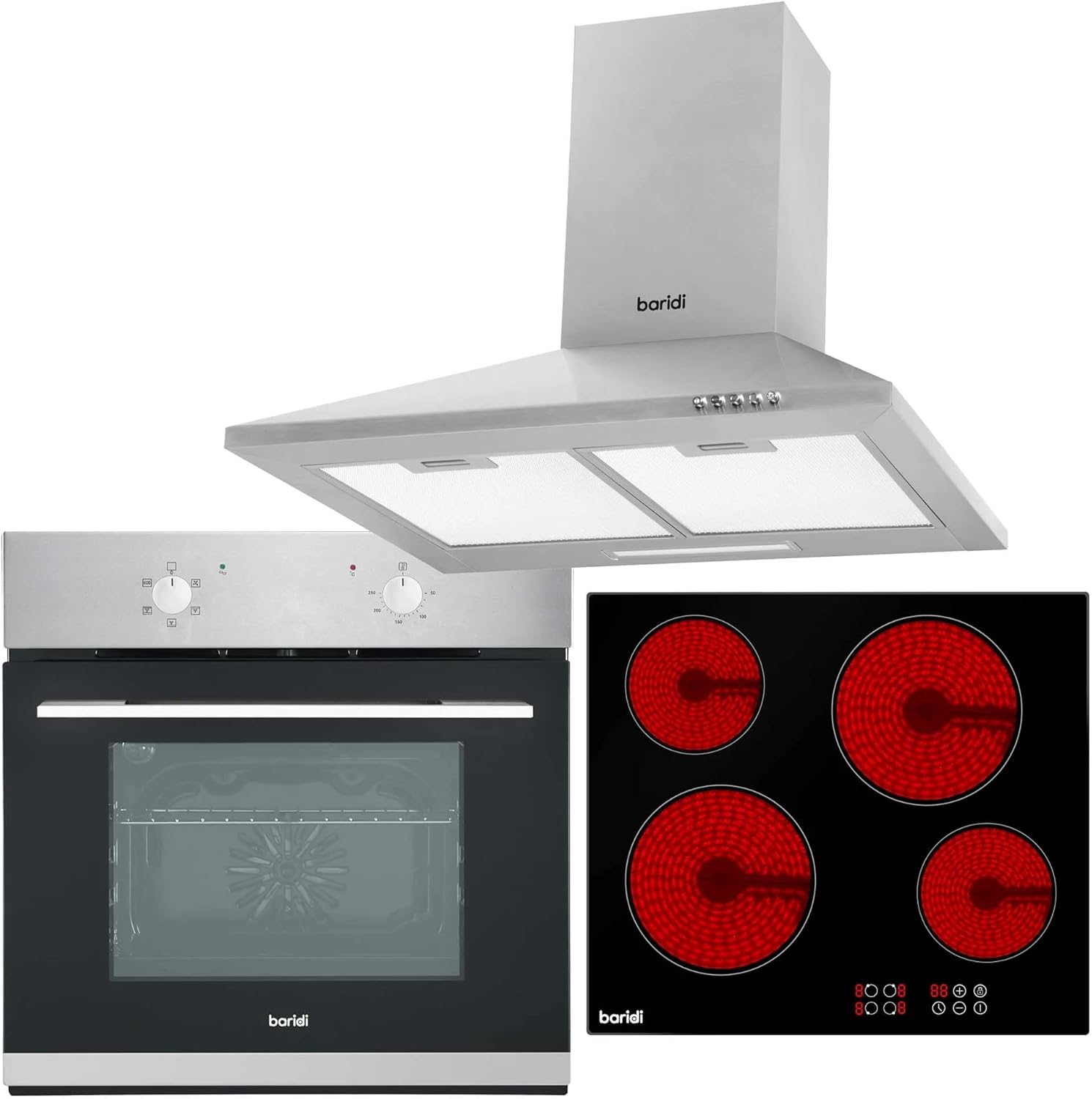 Baridi 4 Zone Ceramic Hob, 5 Function Fan-Assisted Oven & Chimney Style Cooker Hood Bundle - DH188.