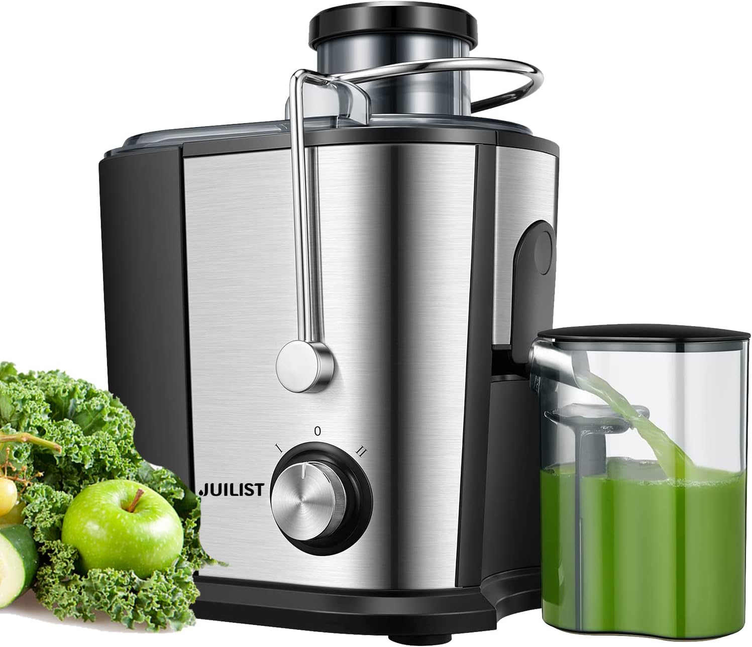 Juilist Juicer, 600W Juicer Machines with Anti-drip & Anti-slip Function, Juicers Whole Fruit and Vegetable with 3-Inch Wide Mouth Food Chute, 2 Speeds, Recipe Included, Easy to Clean.