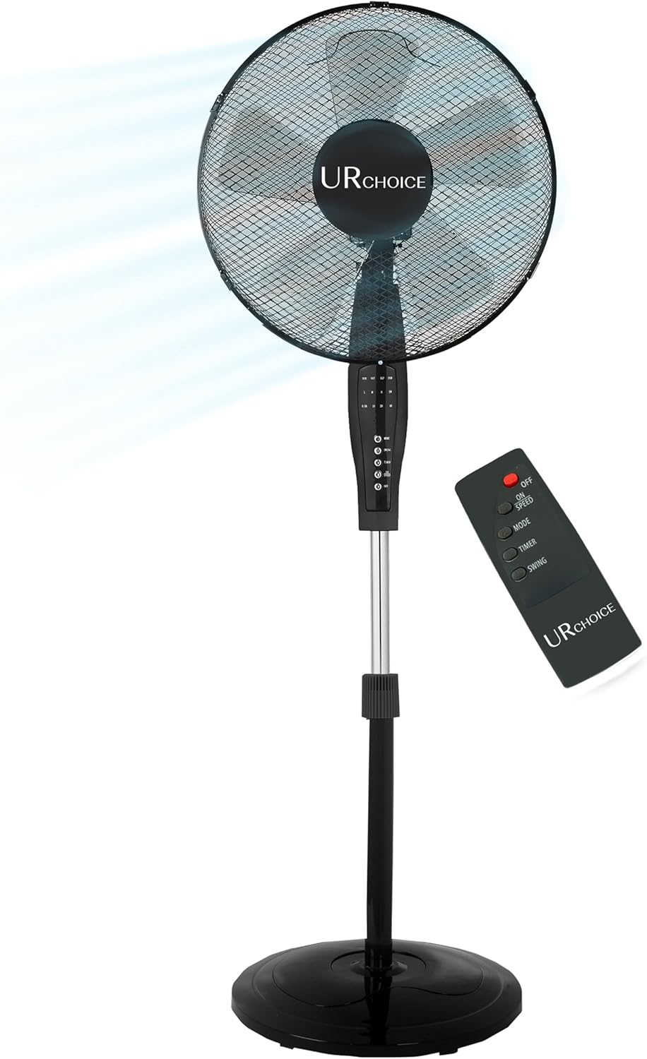 UR CHOICE 16'' Pedestal Standing Floor Fan with Remote Control | Oscillating Air Cooling | Electric Fan - 3 Speed, Adjustable Height & Up-Down Tilt | Black.