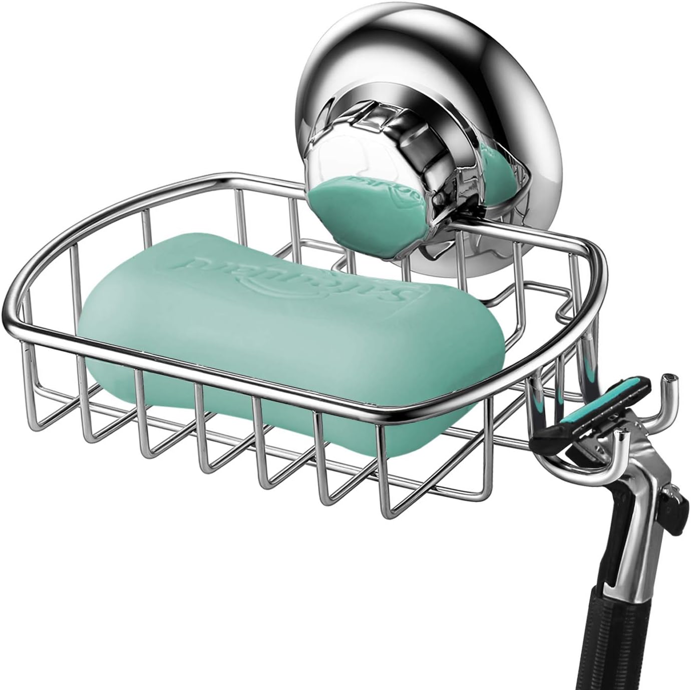 MaxHold No-Drilling/suction Cup Soap Basket - Soap Dish Holder with Hook- Vaccum System - Stainless Steel - Sponge Holder for Bathroom & Kitchen.