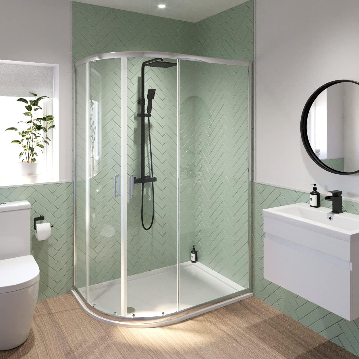 1200mm x 800mm Left Hand Offset Quadrant Shower Enclosure Framed 6mm Glass Anti-Slip Tray with Waste.