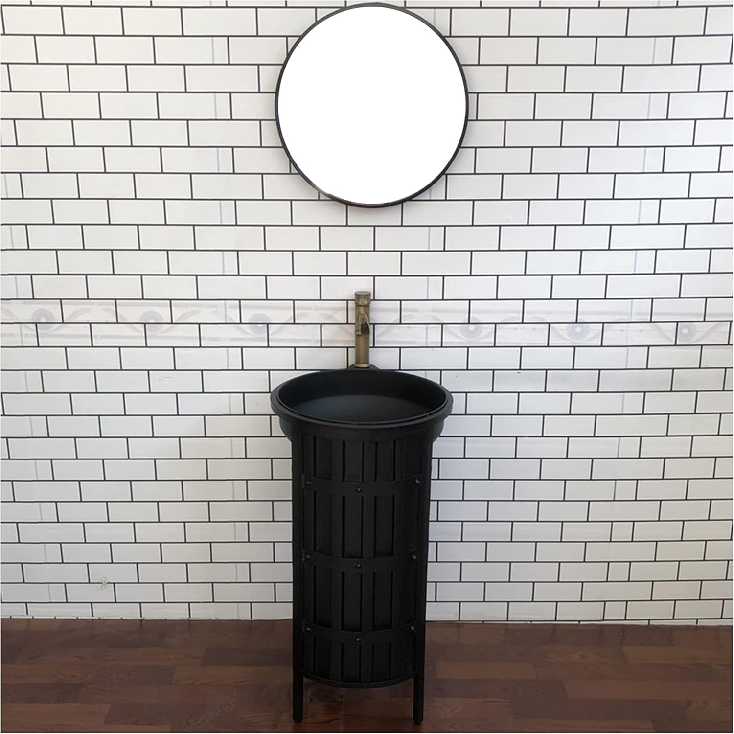 SmPinnaA Industrial Style Vanity Unit with Basin, Modern Basin Cupboard with Faucet and Drain Free Standing Bathroom Storage Cabinet Under Sink,Black,With mirror.