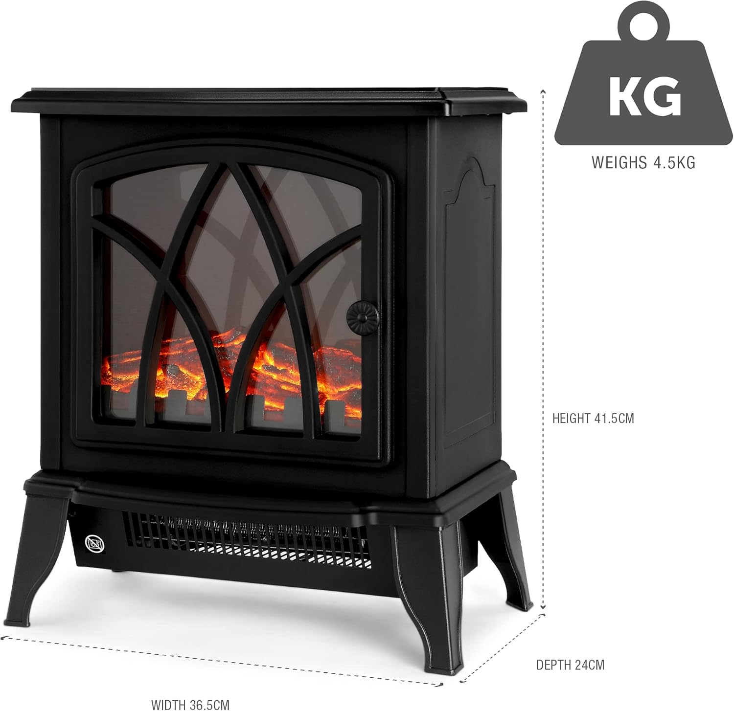 NETTA Electric Fireplace Stove Heater 2000W with Fire Flame Effect, 2 Heat Settings, Adjustable Thermostat, Freestanding Portable Electric Log Wood Burner Effect - Black.