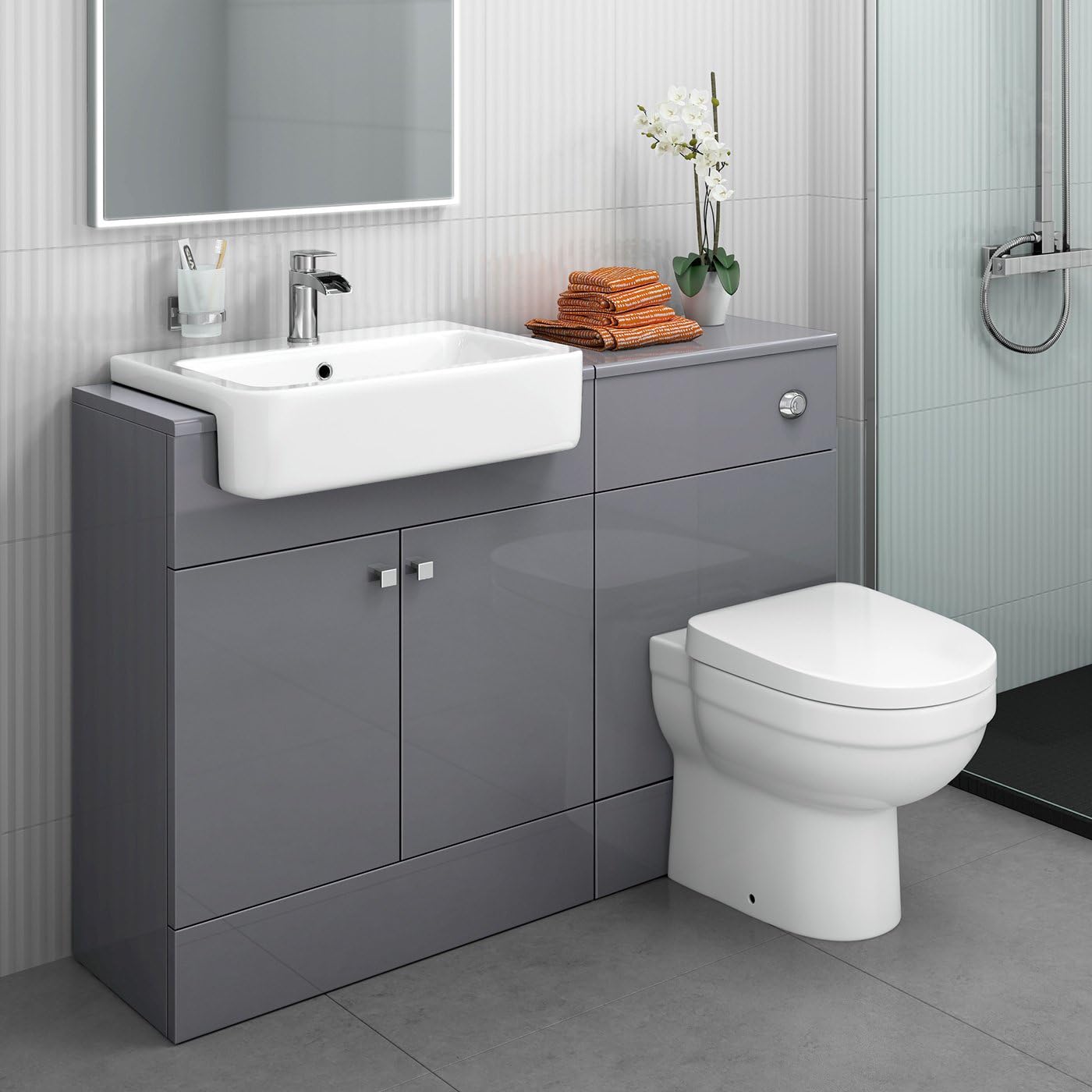 iBath Harper 1160 Combination Vanity Unit Furniture Set, Wash Basin Bathroom Sink, WC, BTW Toilet Pan, D Soft Close Seat with Concealed Cistern-Gloss Grey(Flat Pack).