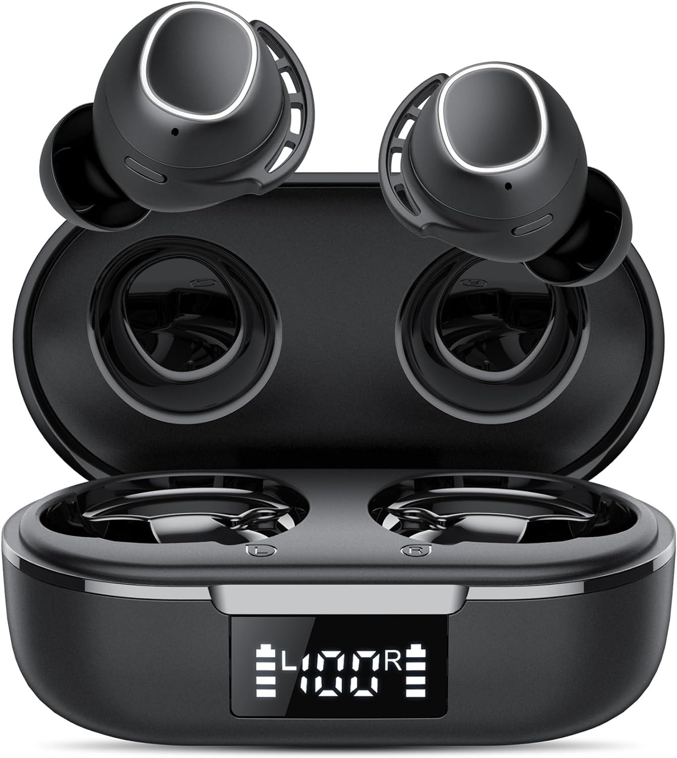 FAMOO Wireless Earbuds, Bluetooth 5.3 Headphones with Deep Bass, IPX8 Waterproof, 42H Playtime, Mini Earbuds with Dual Mic and LED Display, In Ear Earphones for Running Sport Gym Workout Black.