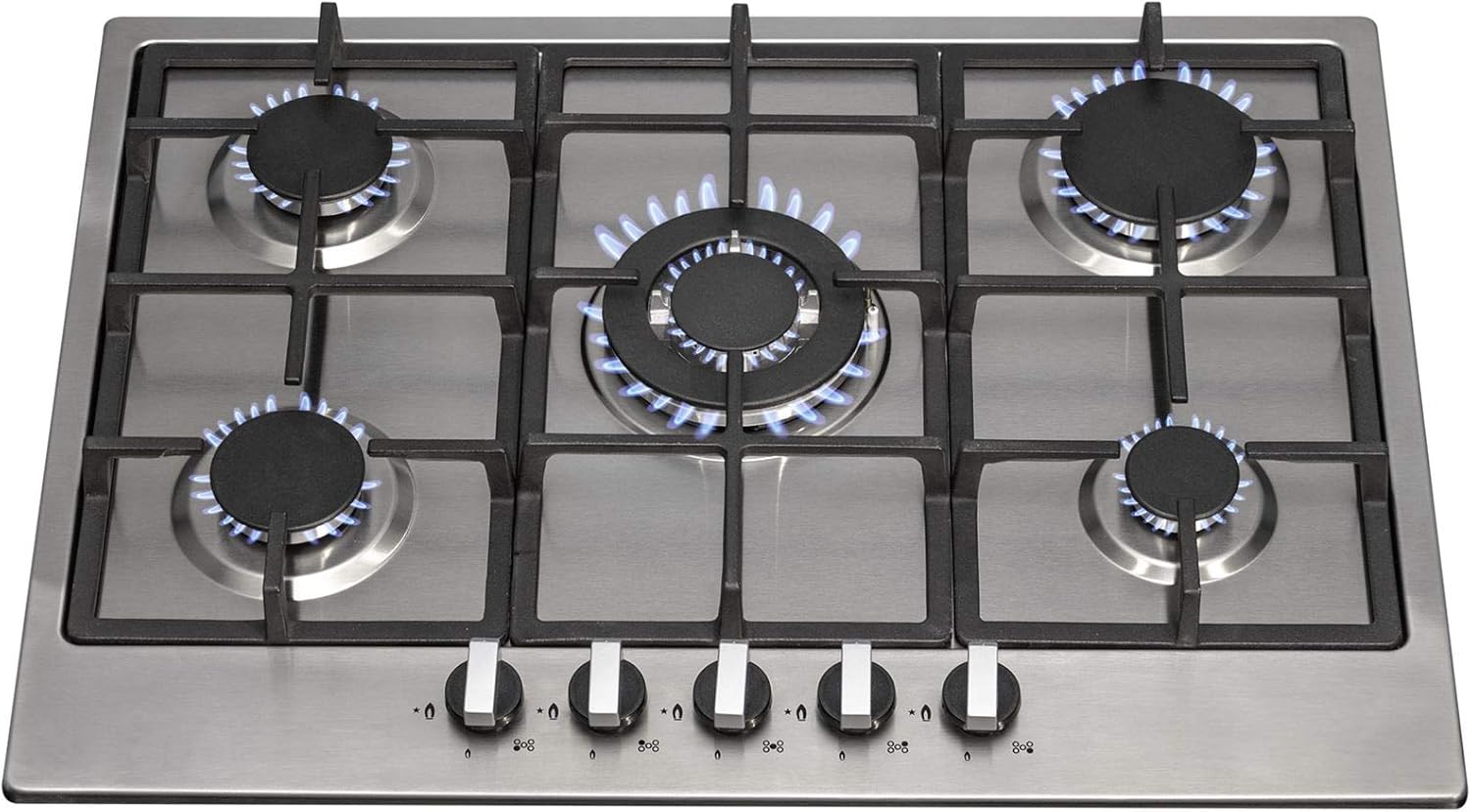 SIA R6 70cm Stainless Steel 5 Burner Gas Hob With Iron Pan Stands & Wok Burner.