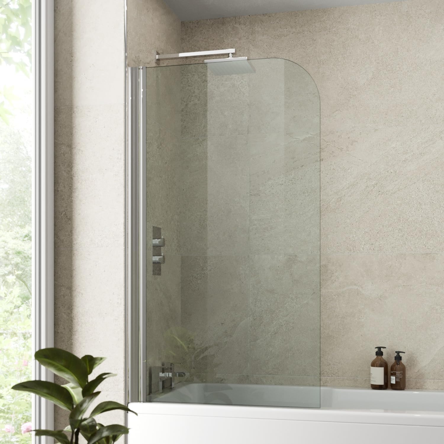 LUXURA® Chrome Over Bath Shower Screen Folding Door Glass Panels & Screens for Baths, Bathroom Frameless Curved Design 1400 x 800mm, 4mm Toughened Safety Glass, 180° Pivot Hinged.