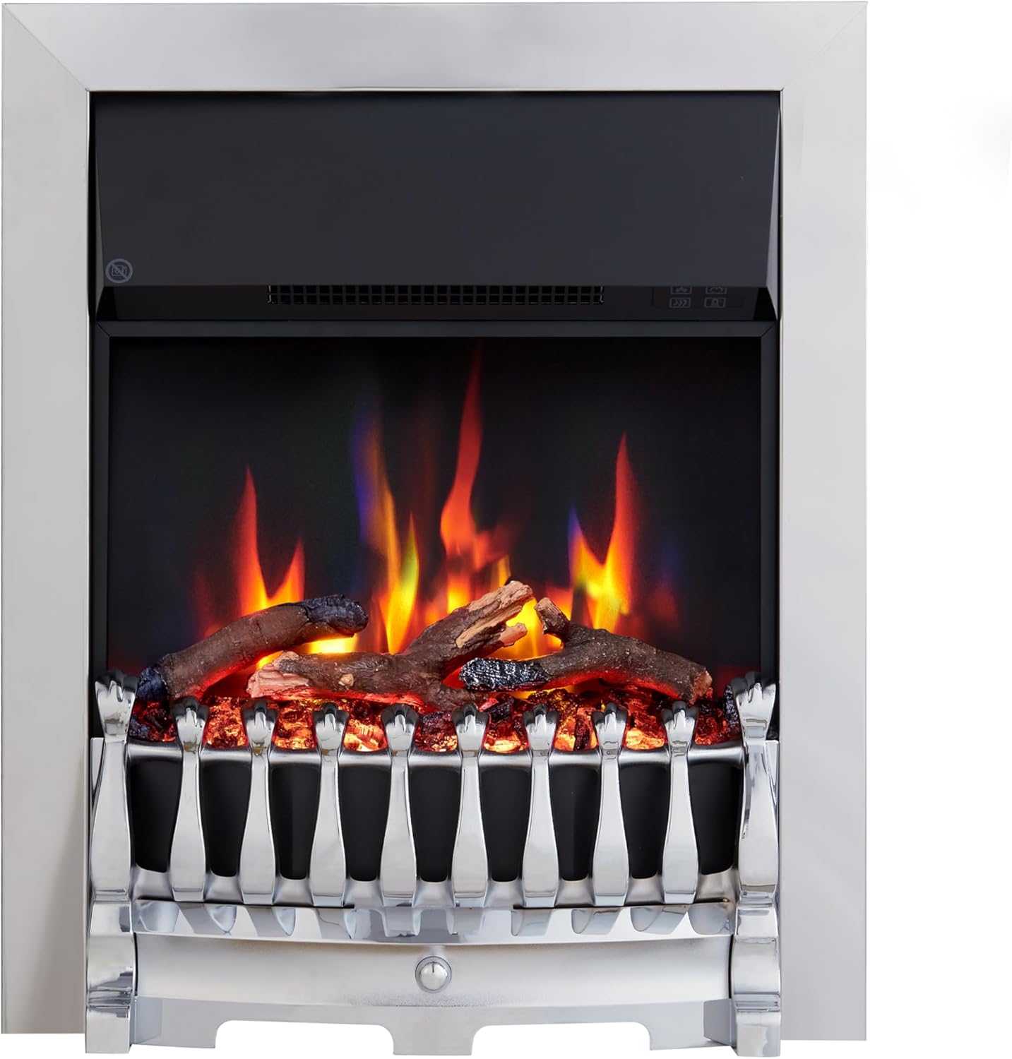 FLAMEKO Verona 16’’ Fireplace Insert, 2000W Heater, Chrome Trim with Spacer, Blenheim Fret, 9 Colour Flame Effect, Remote Control.