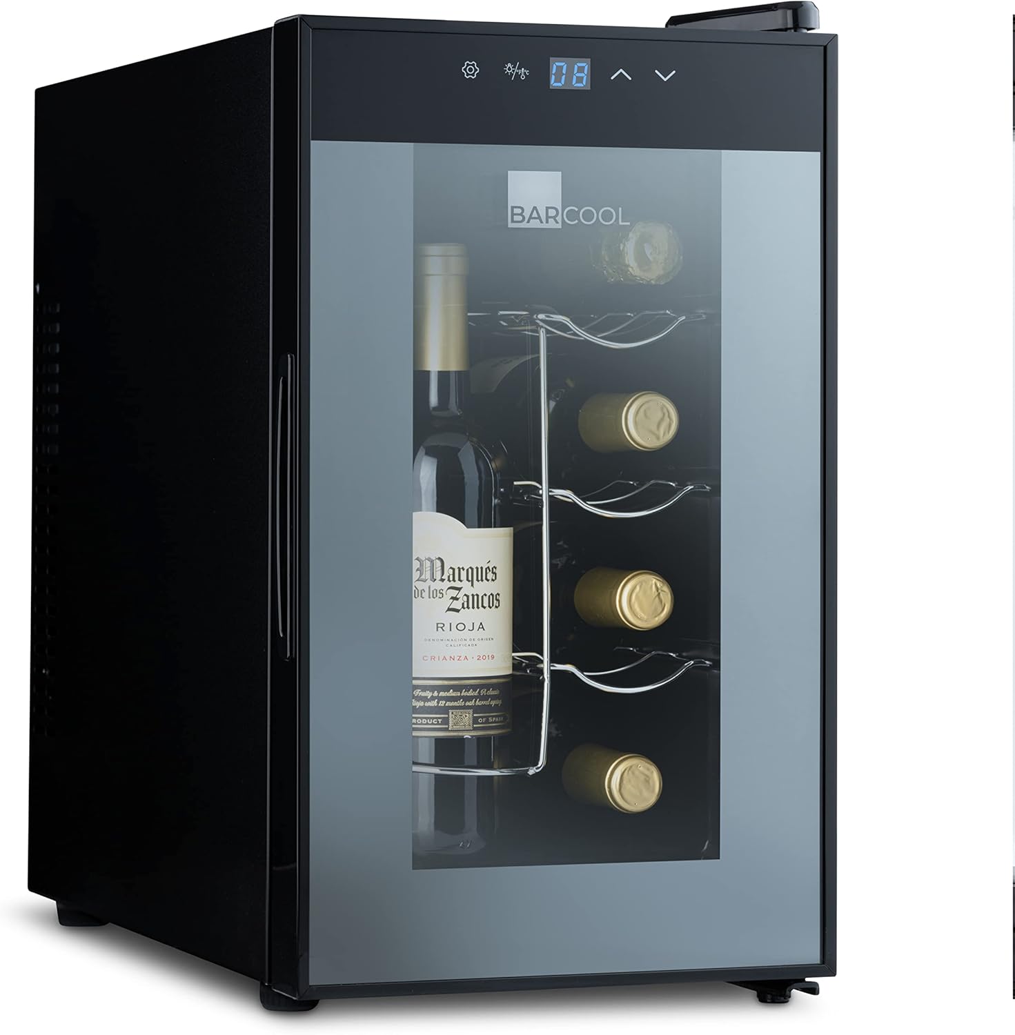 Barcool VINO8 – Table-Top Wine Fridge Black | 5-18°C | Wine Cooler | LED + Digital Display | Glass Door Drinks Cellar | Single-Zone (8 Bottle).