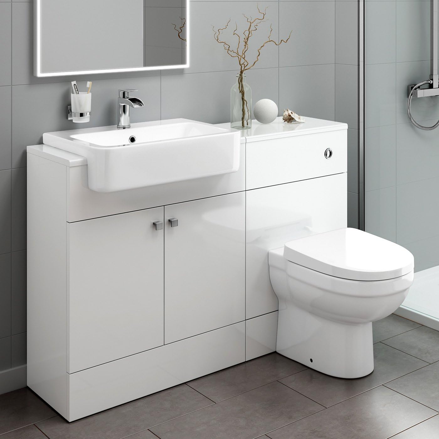 iBath Harper Combination Vanity Unit Furniture Set, Wash Basin Bathroom Sink, WC, BTW Toilet Pan, Soft Close Seat with Concealed Cistern-Gloss White(Flat Pack).