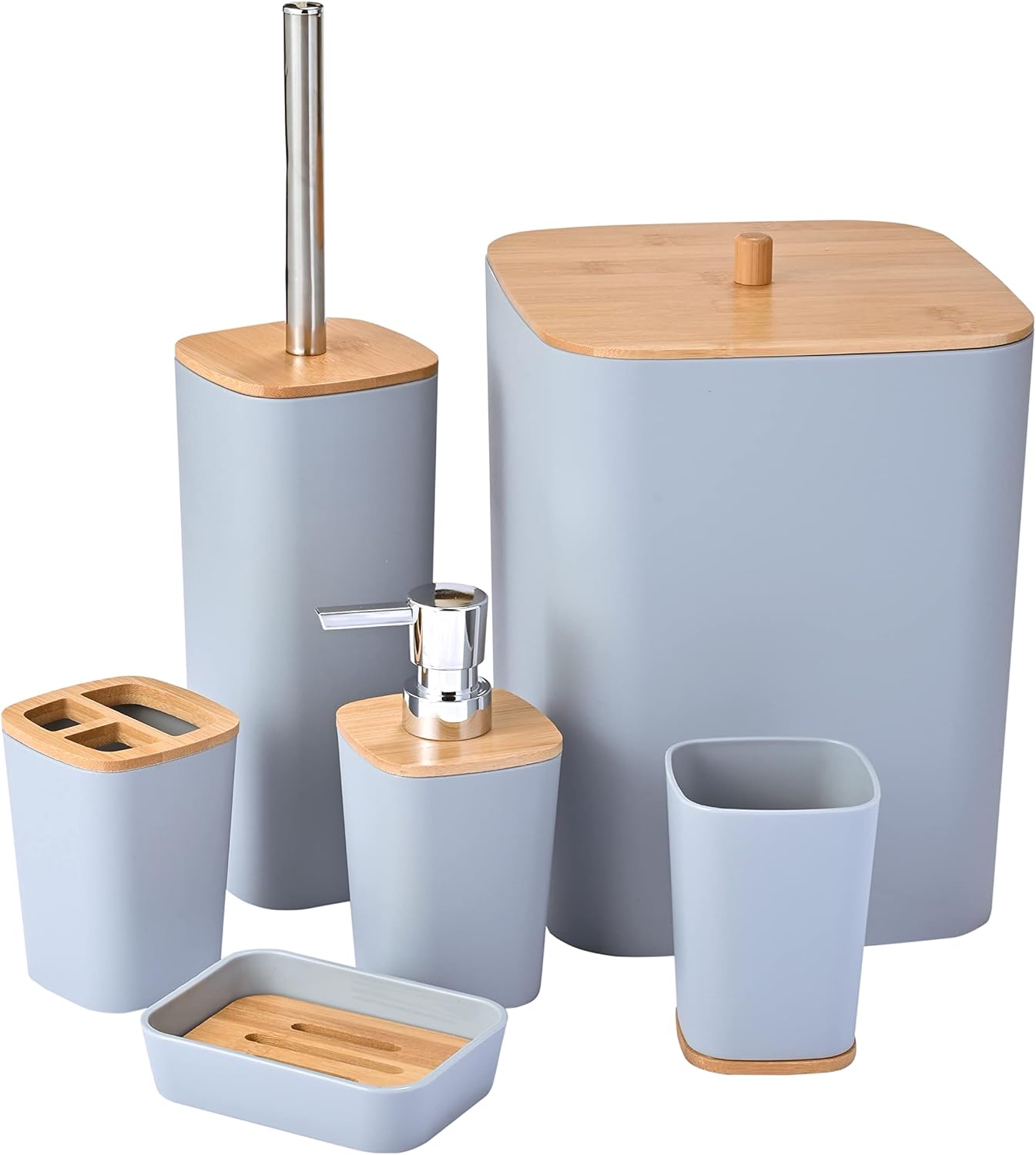 Yorkmills 6 Pieces Bamboo Bathroom Accessories set, Bathroom Accessory set, Bathroom Bin Toilet Brush Set, Durable Toothbrush Holder Cup, Soap Dispenser With Pump, Soap Dish Holder, Modern Trash Can.