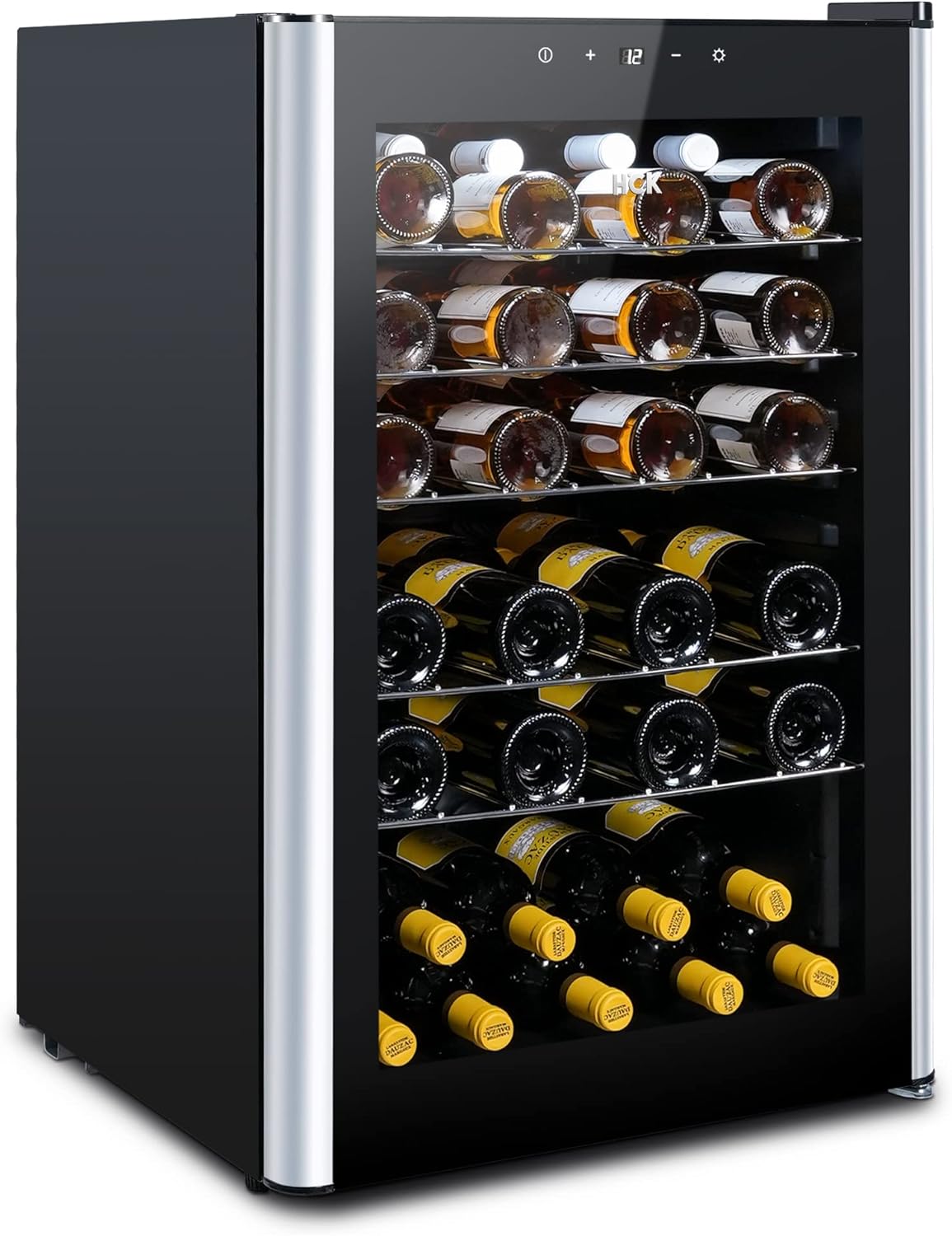 HCK 115L Wine Cooler with Glass Door 48 Bottles, Freestanding Undercounter Fridge, Quiet Wine Fridges Drinks Cabinet, 4-22°C Temperature Control with Digital Touch Screen, Single Zone, Black.