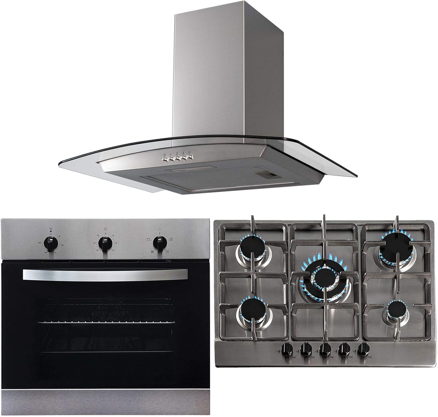 SIA Stainless Steel 60cm Single Electric Oven, 70cm Gas Hob & Curved Glass Hood.