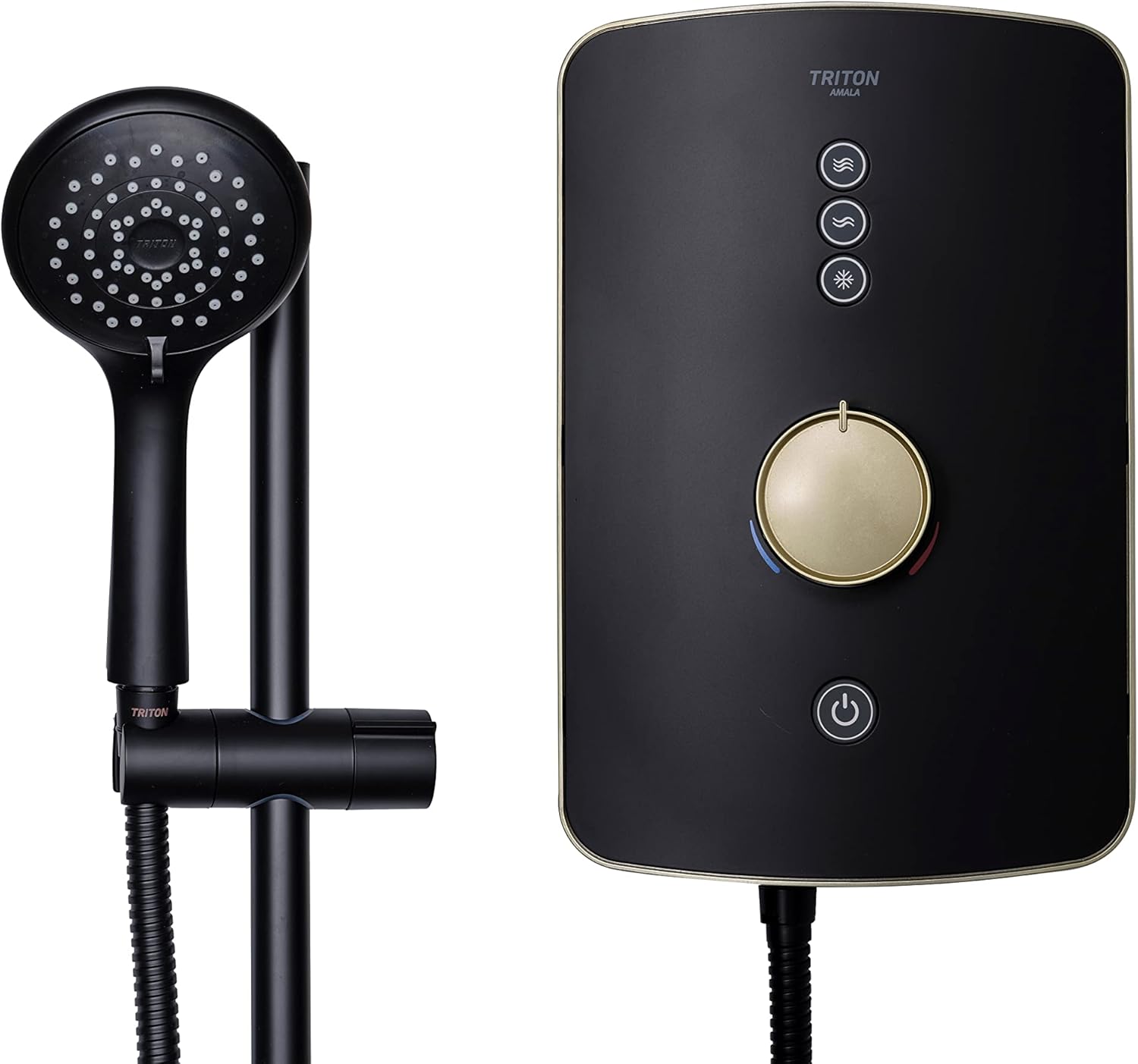 Triton Showers Amala Metallic | Shower Electric | 9.5 KW I Black I Brushed Brass I Electrical Showers | with Showerhead and Anti Twist Hose | Best Electric Shower Units for Bathrooms.