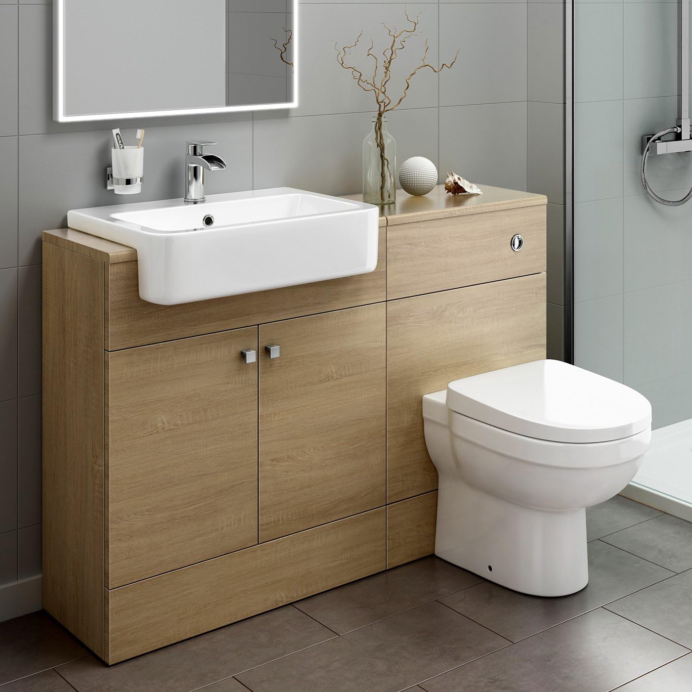 iBath Harper Combination Vanity Unit Furniture Set, Wash Basin Bathroom Sink, WC, BTW Toilet Pan, D Soft Close Seat with Concealed Cistern-Oak(Flat Pack).