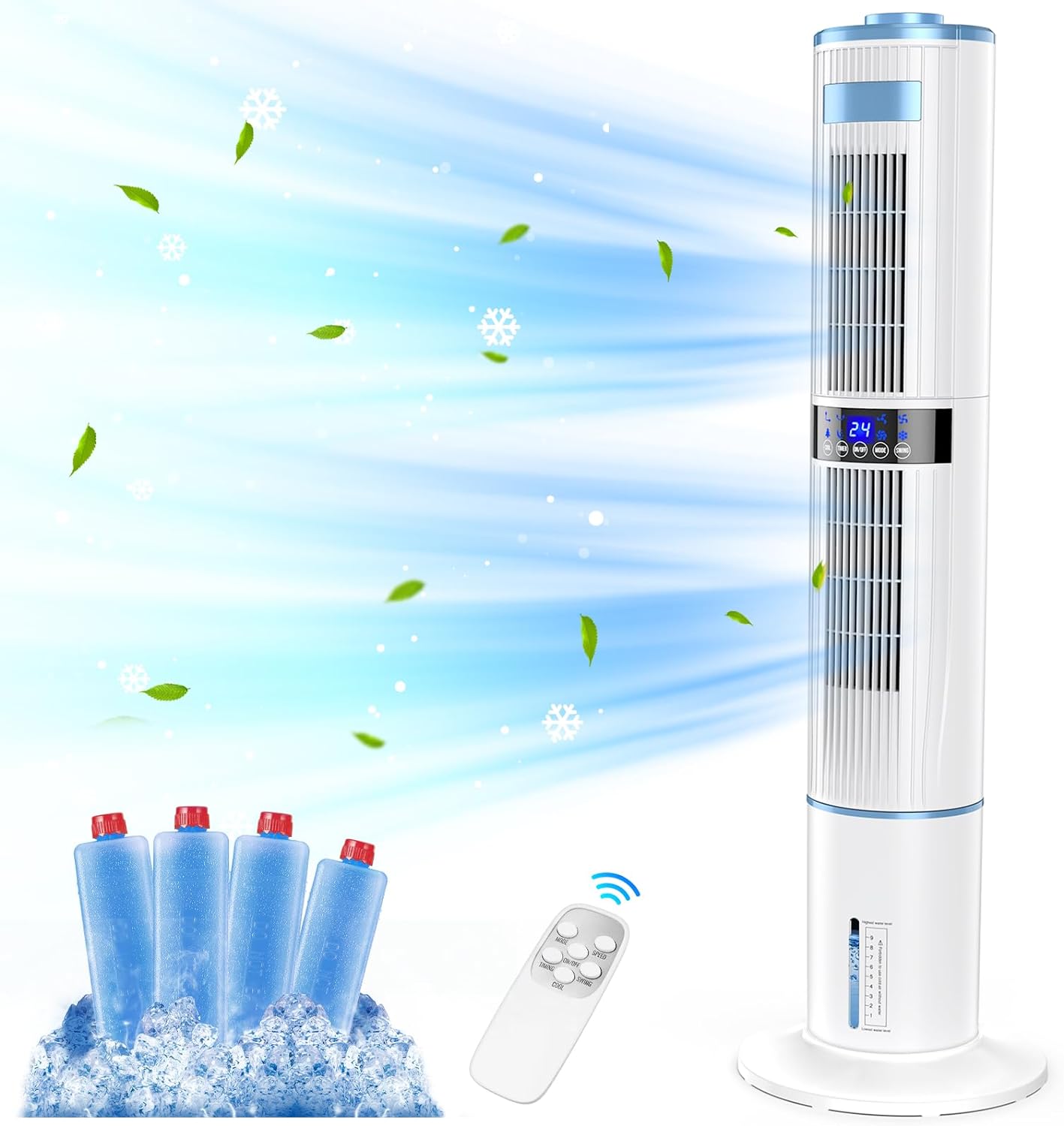 Raofuo Evaporative Air Cooler, 65W Tower Fan Air Conditioner 60° Automatic 360° Manual Oscillation 1-24H Timer 3 Speed 4 Mode 8m/s Wind w/ 4 Ice Box Remote Control Cooler for Home/Bedroom/Office.