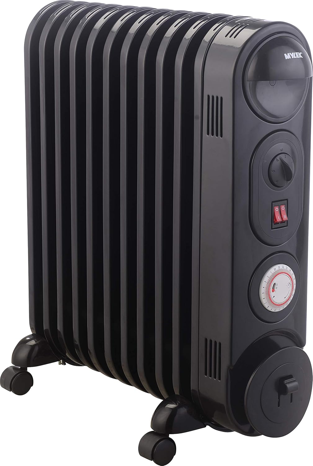 MYLEK Oil Filled Radiator Electric Heater, Portable 2.5KW Black, Thermostat & 24hr Repeat Timer, 3 Heat Settings (Safe Fin Modern Design).