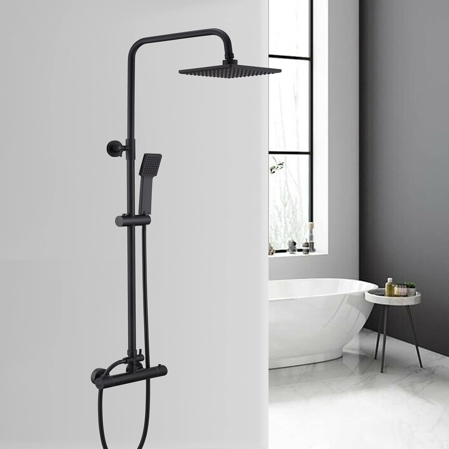 Huiyang Thermostatic Shower Mixer Set Matte Black, 38°C Thermostat Shower System with Rainfall Shower Head, 1 Function Handheld Shower, Anti Scald Shower Mixer Bar Kit, COOL TOUCH.