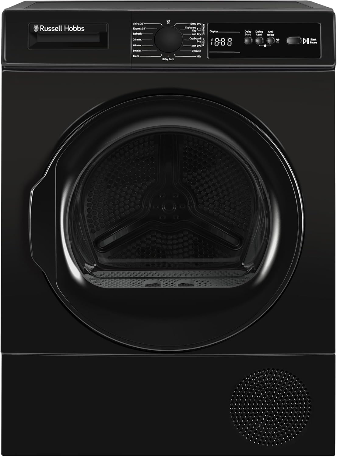 Russell Hobbs, Freestanding Electric Heat Pump Condenser Tumble Dryer, 9KG Capacity 15 Programmes 3 Heat Settings LED Display Anti-crease Child Lock Black Clothes Dryer RH9HPTD111B.