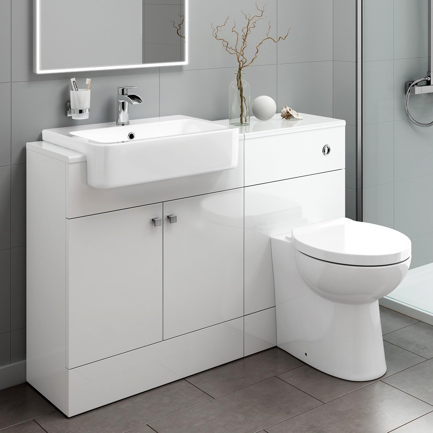 iBath Harper Combination Vanity Unit Furniture Set, Wash Basin Bathroom Sink, WC, BTW Toilet Pan, Soft Close Seat with Concealed Cistern-Gloss White(Flat Pack).